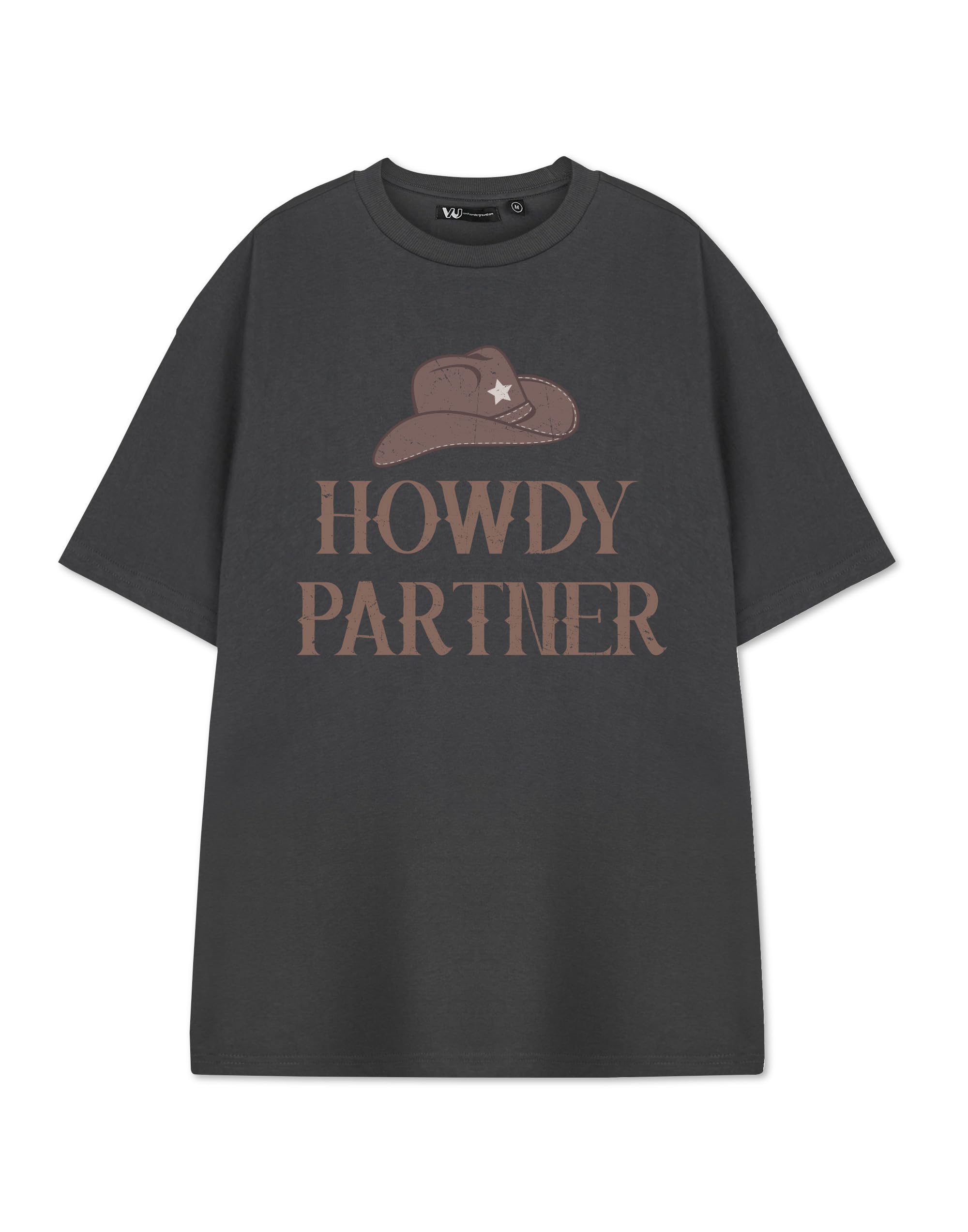 Howdy Partner Mens Grey Short Sleeved Graphic Tee | Fun Western Design T-Shirt | Cowboy Rodeo Apparel Gift Idea | Retro Style Clothing for Men