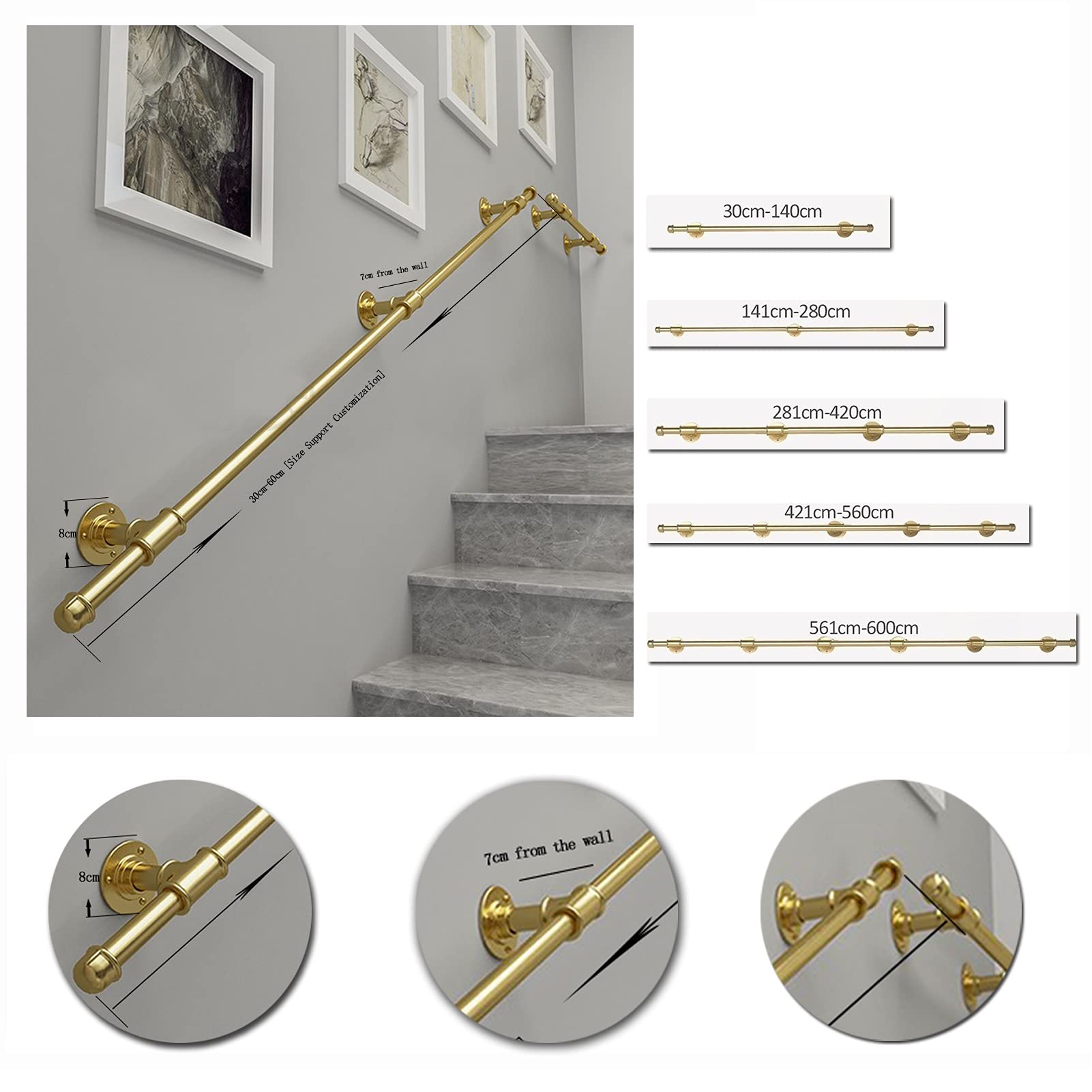 Pasamanos de barandilla de escaleras doradas - Kit completo, Pasamanos de escaleras para interiores y exteriores Barandilla de barra de apoyo, Pasamanos de pasillo de baño Pasamanos con soportes de pa