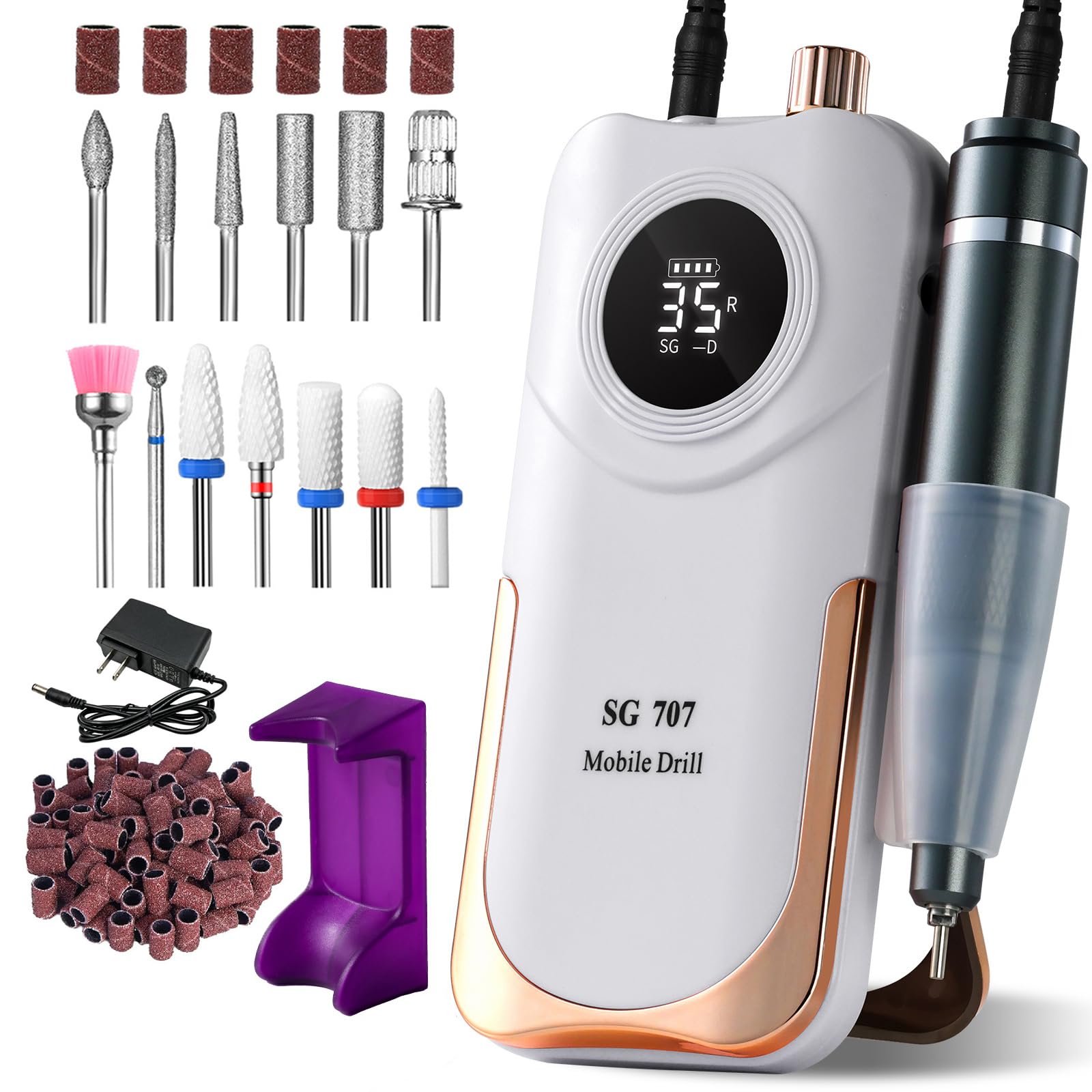 Elektrischer Nagelfräser Professionell, Tragbare Nagelfeile für Acryl-Gel-Nägel, 35000 U/min Kabelloses wiederaufladbares Nagelbohrer-Kit mit 13 Bits und 56 Schleifbändern, LED-Bildschirm (Weiß) | 35000 U/min Elektrische Nagelfeile für Acryl-Gel-Nägel, Na