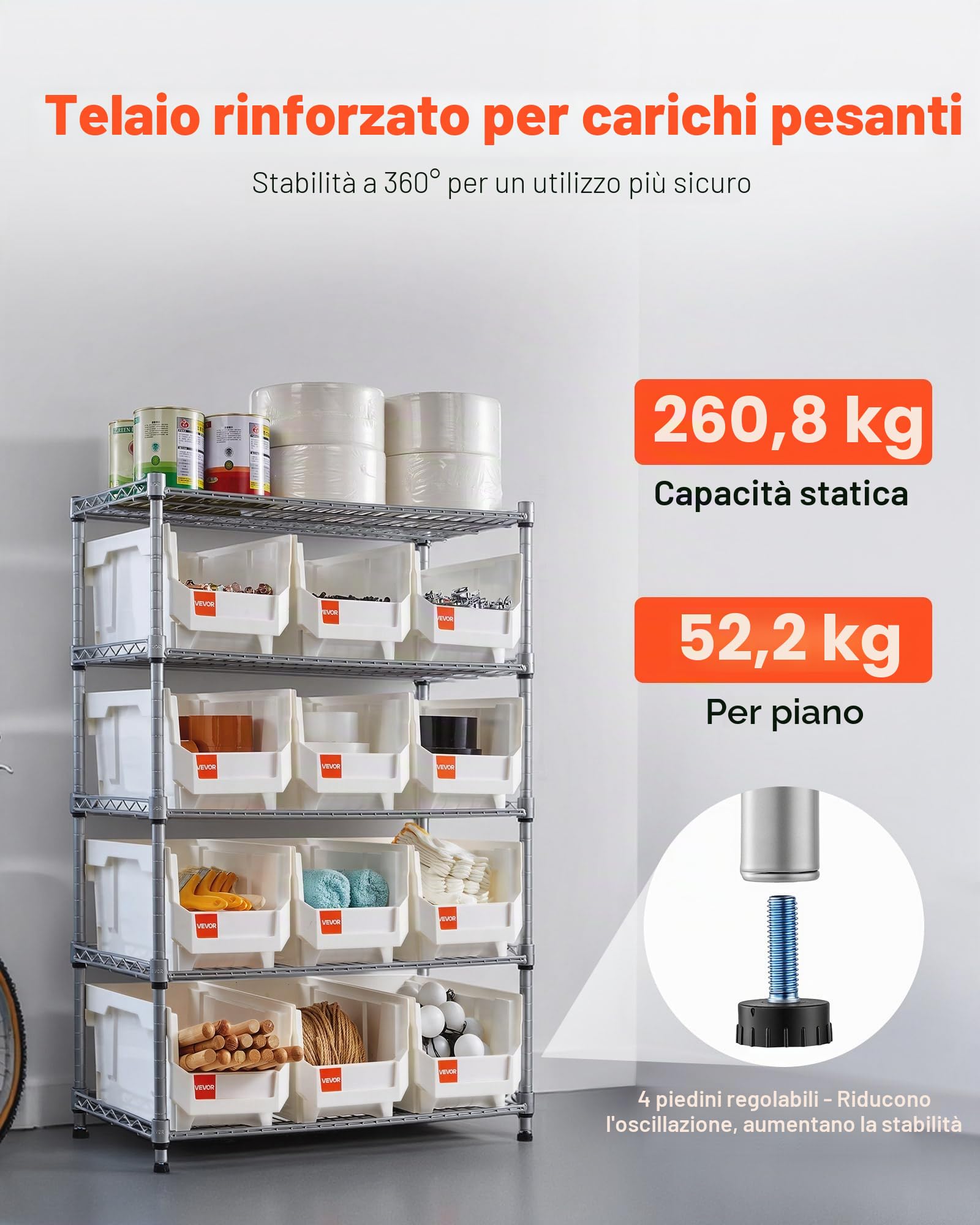 VEVOR Scaffale per Carichi Pesanti Portaoggetti con Ruote a 5 Ripiani, 12 Contenitori Portaoggetti, Sistema di Scaffalature in Filo d'Acciaio, per Garage, Magazzino, Ufficio, Ristorante, Aula, Cucina