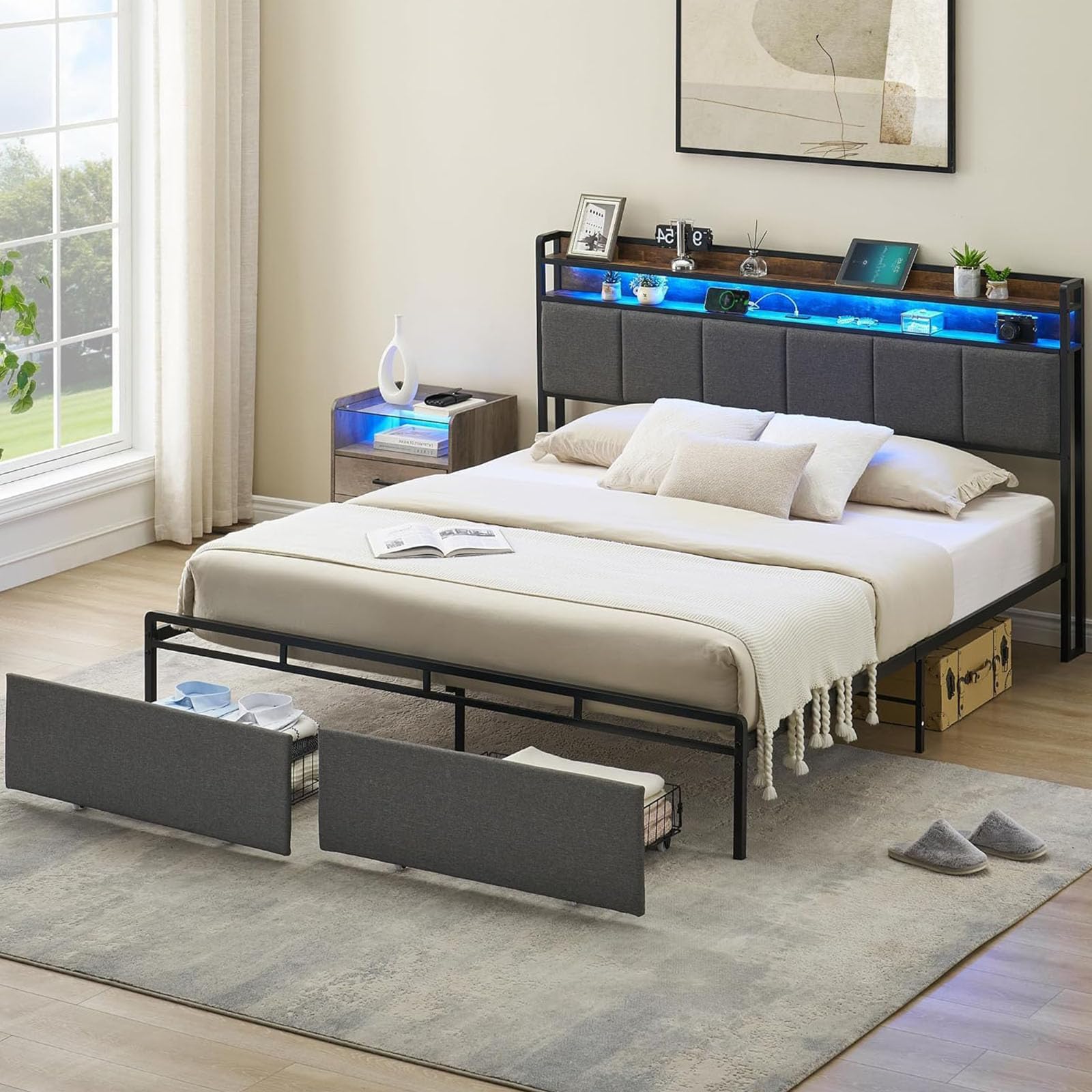 GarveeHome Queen Bed Frame with Storage Headboard Led Lights Charging Station, Upholstered Queen Platform Bed Frames with 2 Drawers, No Box Spring Needed, BedFrame with 2-Tier Shelf Rustic