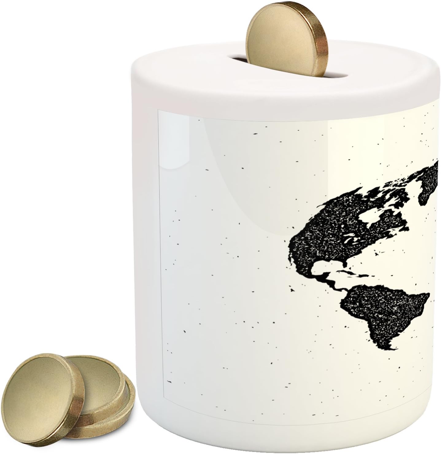 Lunarable Vintage Modern Piggy Bank, Grunge World Map Continents on The Globe America Europe Africa and Asia, Printed Ceramic Coin Bank Money Box for Cash Saving, Black and White