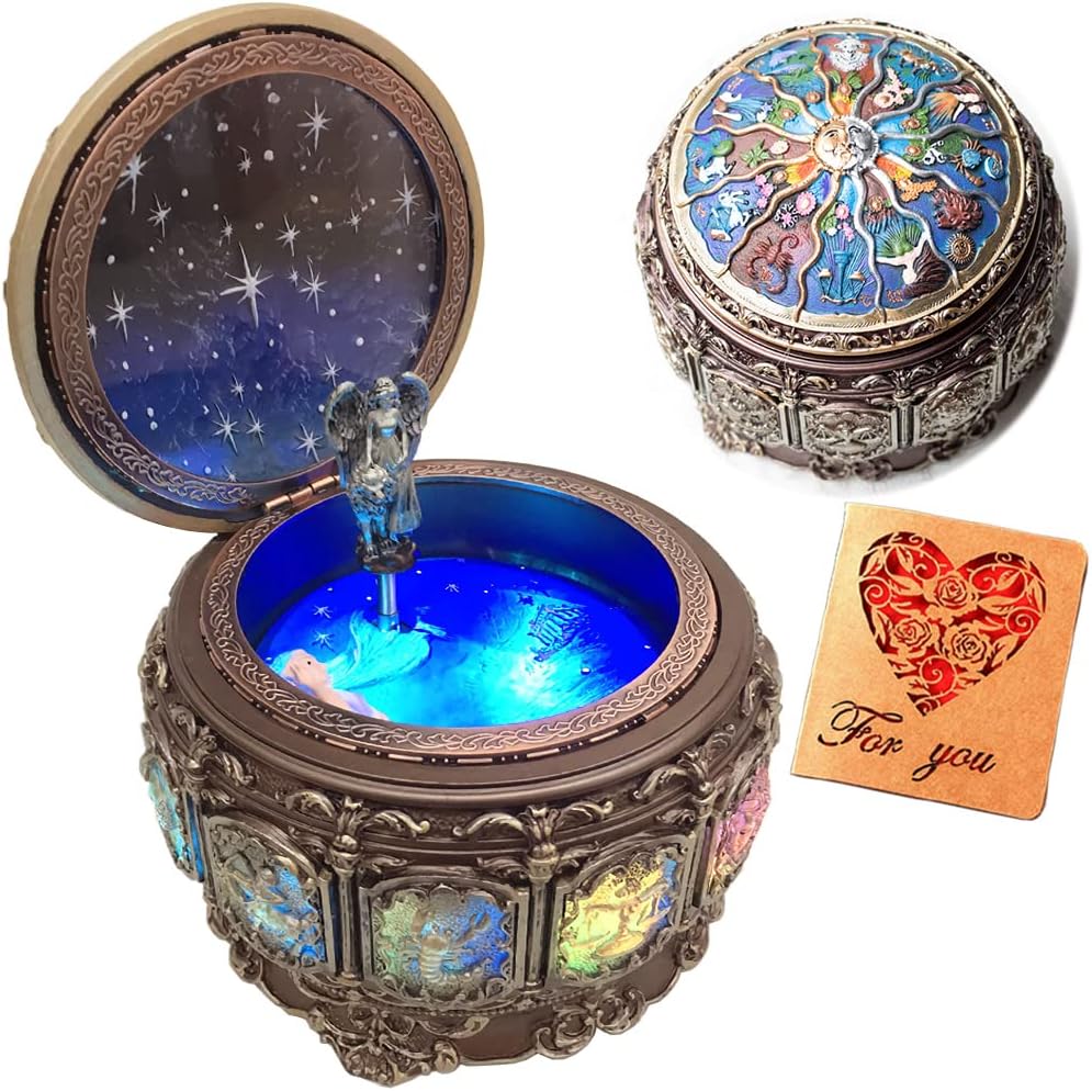 Vintage Music Box with Constellations Rotating Goddess LED Lights Twinkling Resin Carved Mechanism Musical Box with Sankyo 18-Note Wind Up Signs of The Zodiac Gift for Birthday (Upgraded)