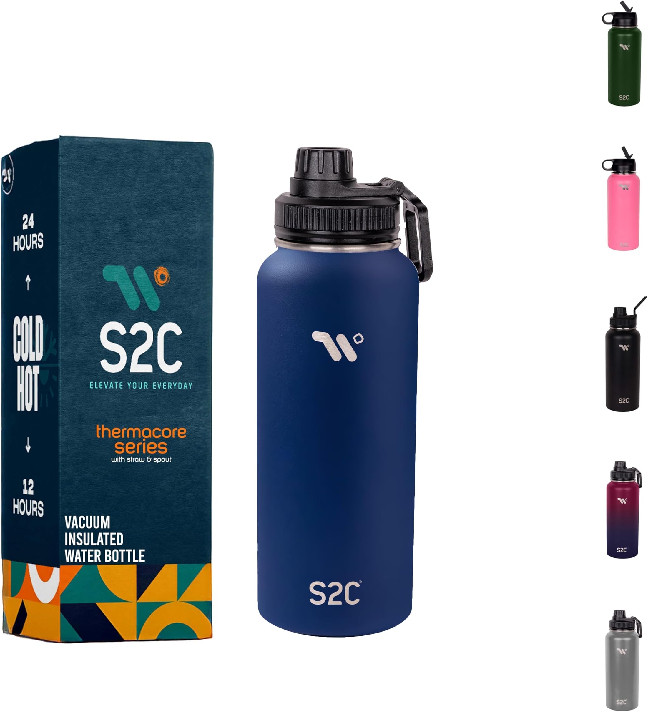 S2C Stainless Steel Water Bottle 1L (32oz) - Double Wall Vacuum Insulated, Leakproof, BPA-Free, Perfect for Gym, Travel with Spout Lid -Thermos Water Flask for Hot Water (NAVY BLUE)