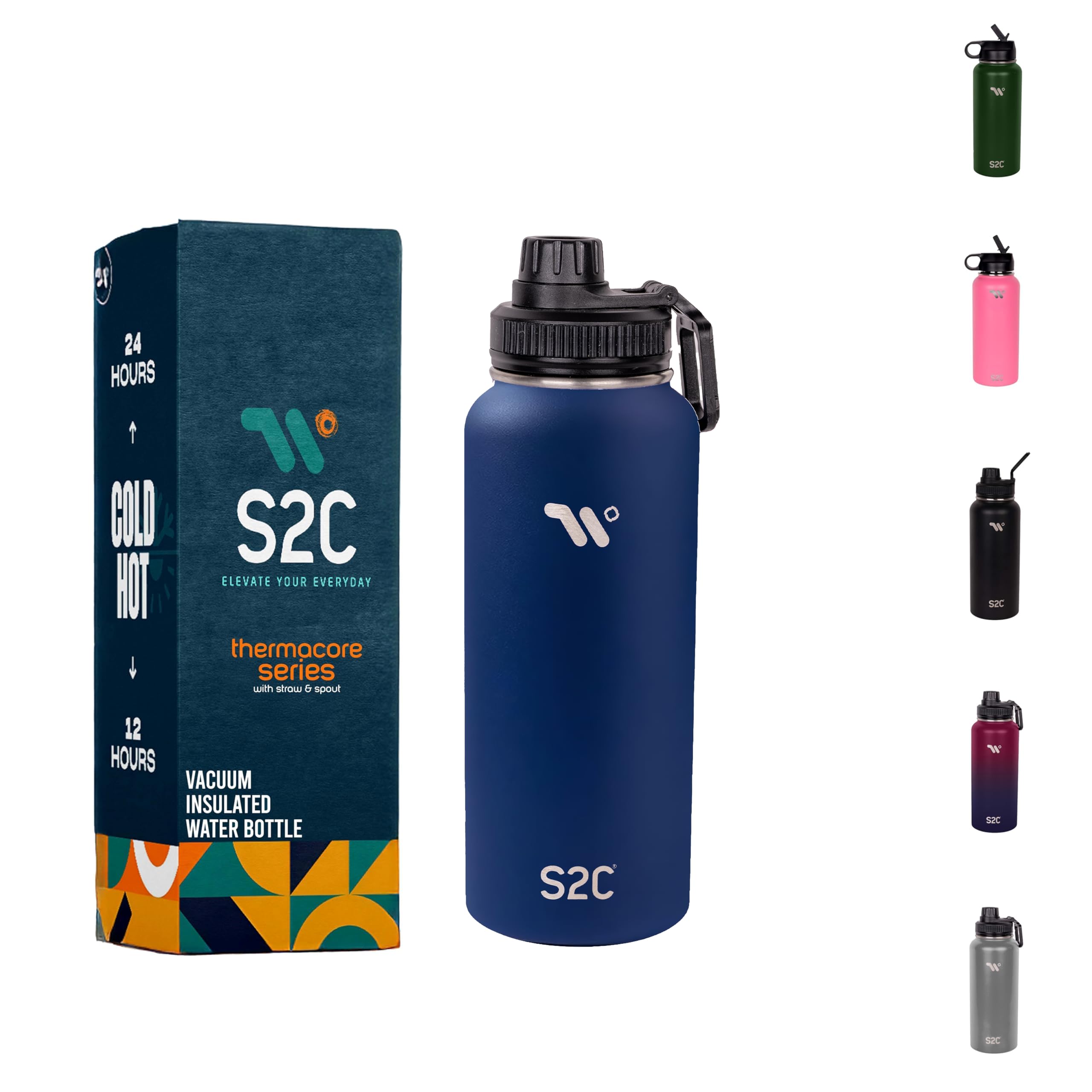 S2C Stainless Steel Water Bottle 1L,32oz Double Wall Vacuum Insulated Water Bottle, BPA Free for Kids School with Spout Lid - Thermos Water Flask for Hot Water (NAVY BLUE)