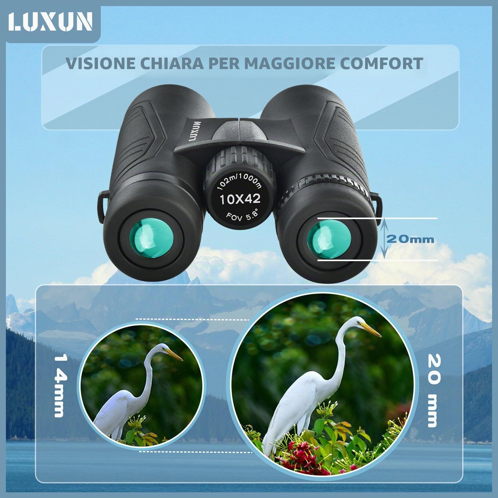 LUXUN Binocolo 10 x 42 per adulti, binocolo HD per caccia, birdwatching e escursioni, safari, obiettivo FMC con adattatore per cellulare