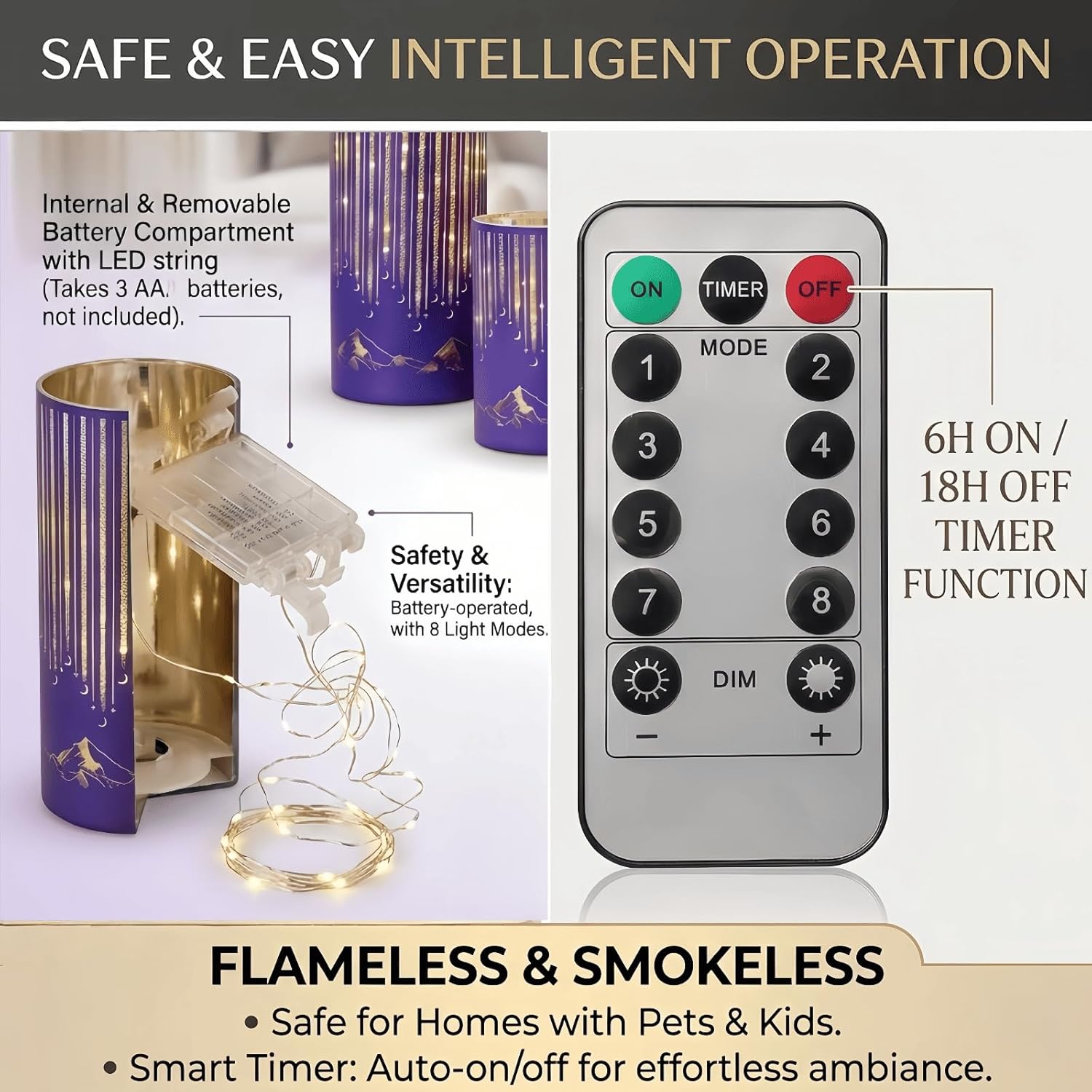 Starry Night Elegant Hurricane Candleholders with LED Flickering Lights & Remote Timer, Decorative Glass Hurricanes for Indoor Table Centerpieces & Year-Round Home Decor, Set of 3 (Purple)
