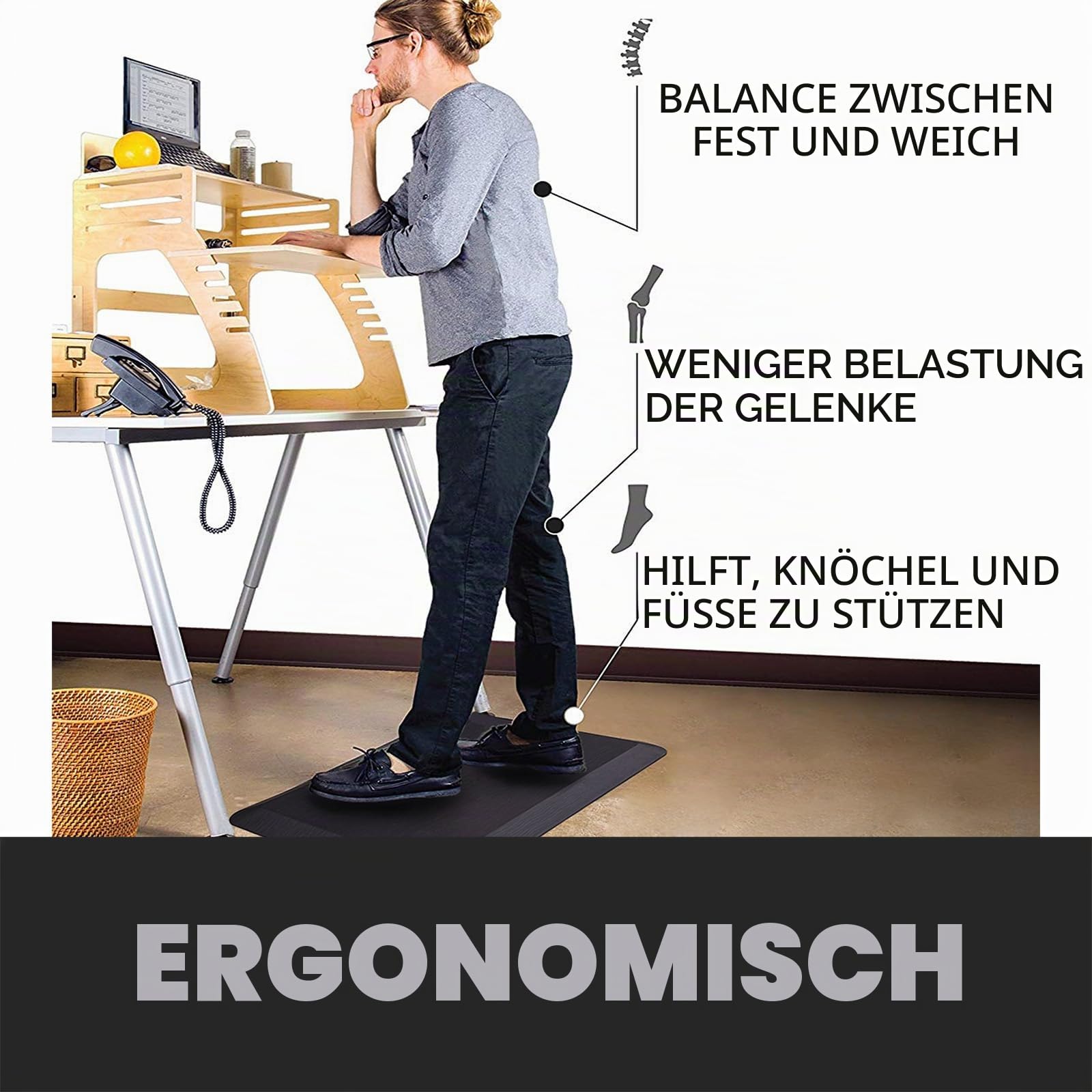 2,5 cm Extra Dicke Anti-Ermüdungsmatte (75 × 50 cm) – Komfort-Matte für Küche, Büro, Werkstatt oder vor dem Spülbecken – Ergonomisch & Gelenkschonend – Aus hochdichtem 140D PU-Schaum – Schwarz