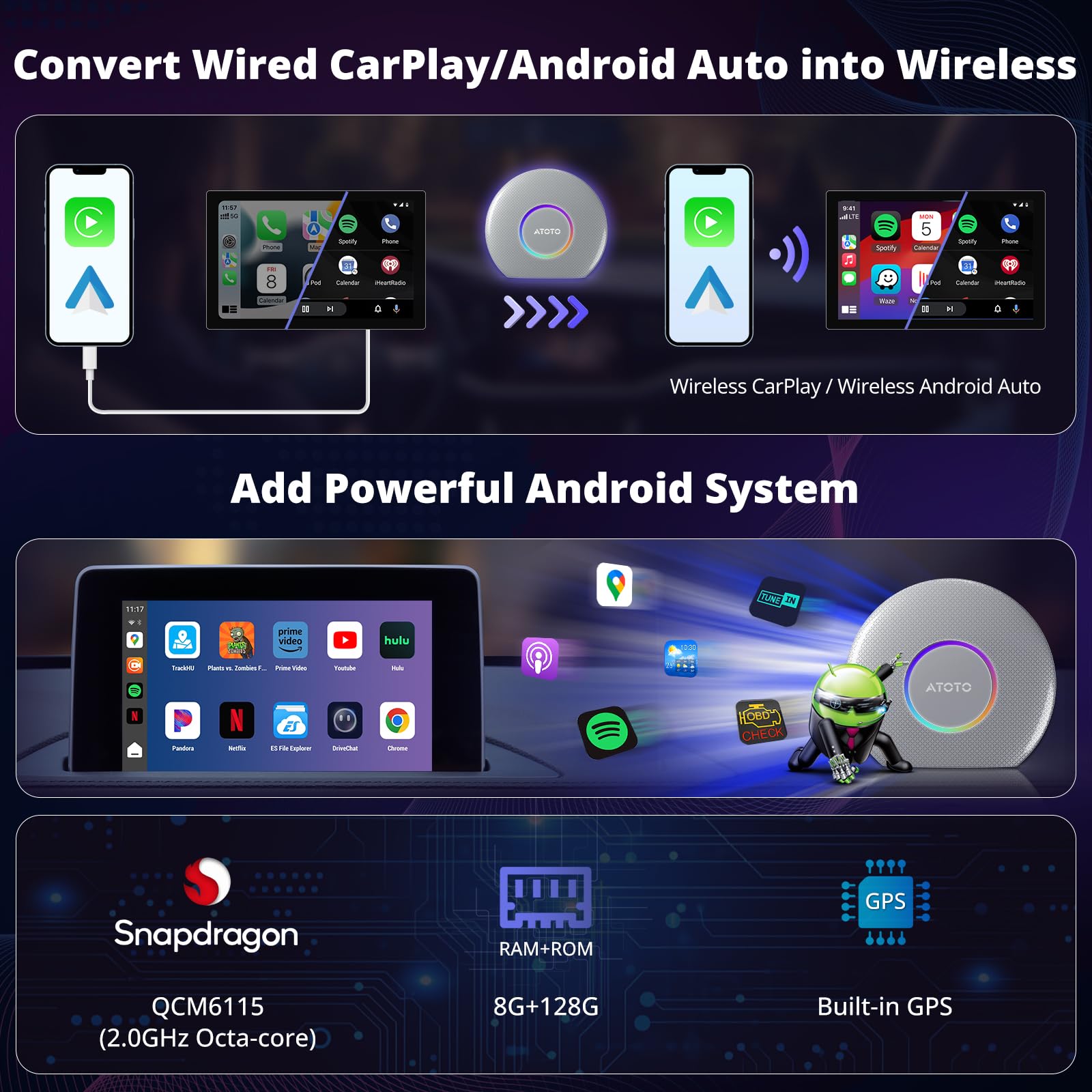 ATOTOZONE CB6 CarPlay AI Box&Android AI Box, Wireless CarPlay/Android Auto Adapter, Plug & Play CarWave Car Smart Box with AI DriveChat, GPS Track, Android 13, 2 BT, 4G LTE, 8G+128G, Silver