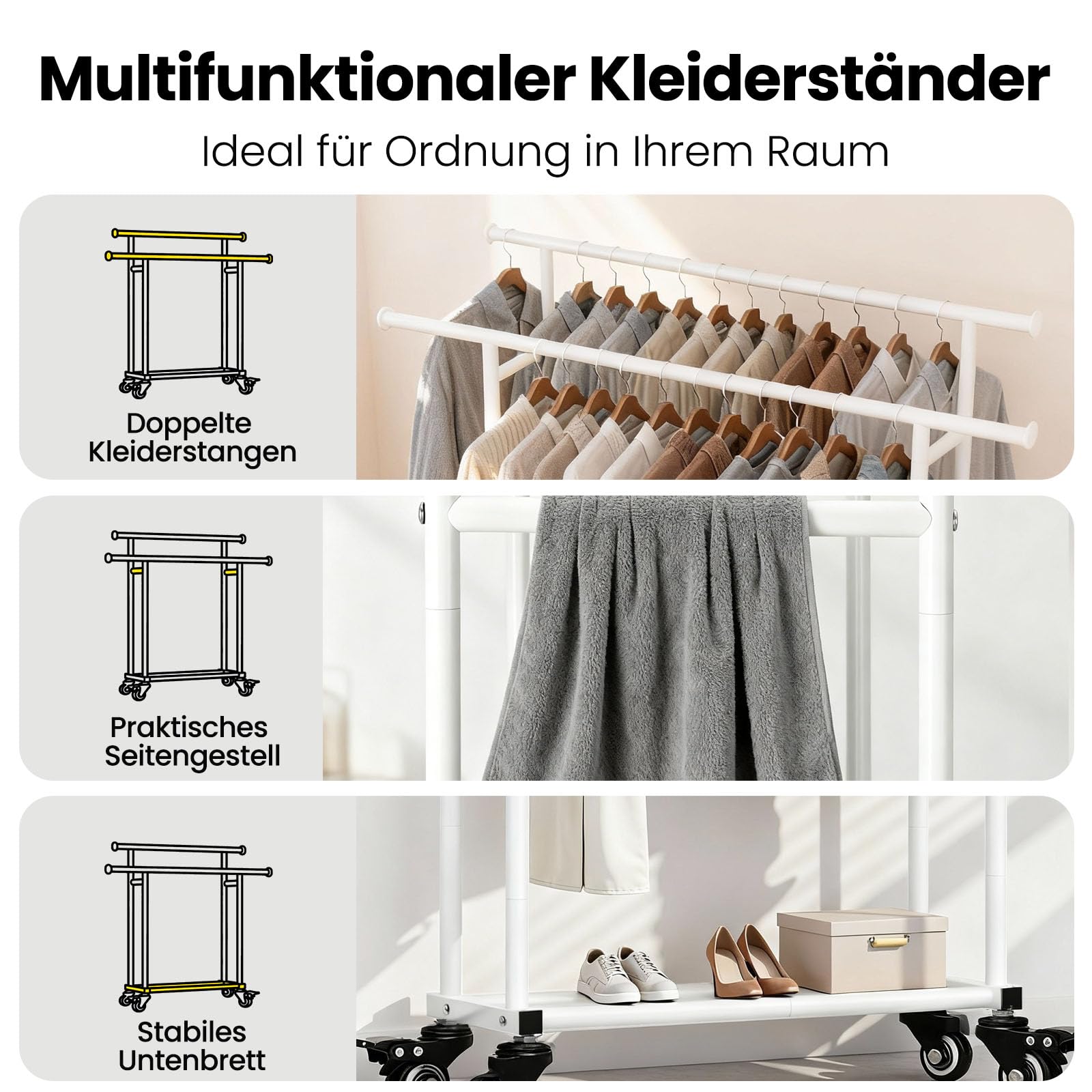 Sour Lemon kleiderständer auf rollen,Mobiler Stabil kleiderstange rollen | Weiß kleiderständer mit Rollen & Doppelstangen,Leichtlaufrollen,Schnellmontage für Schlafzimmer,Waschraum,Ankleidezimmer
