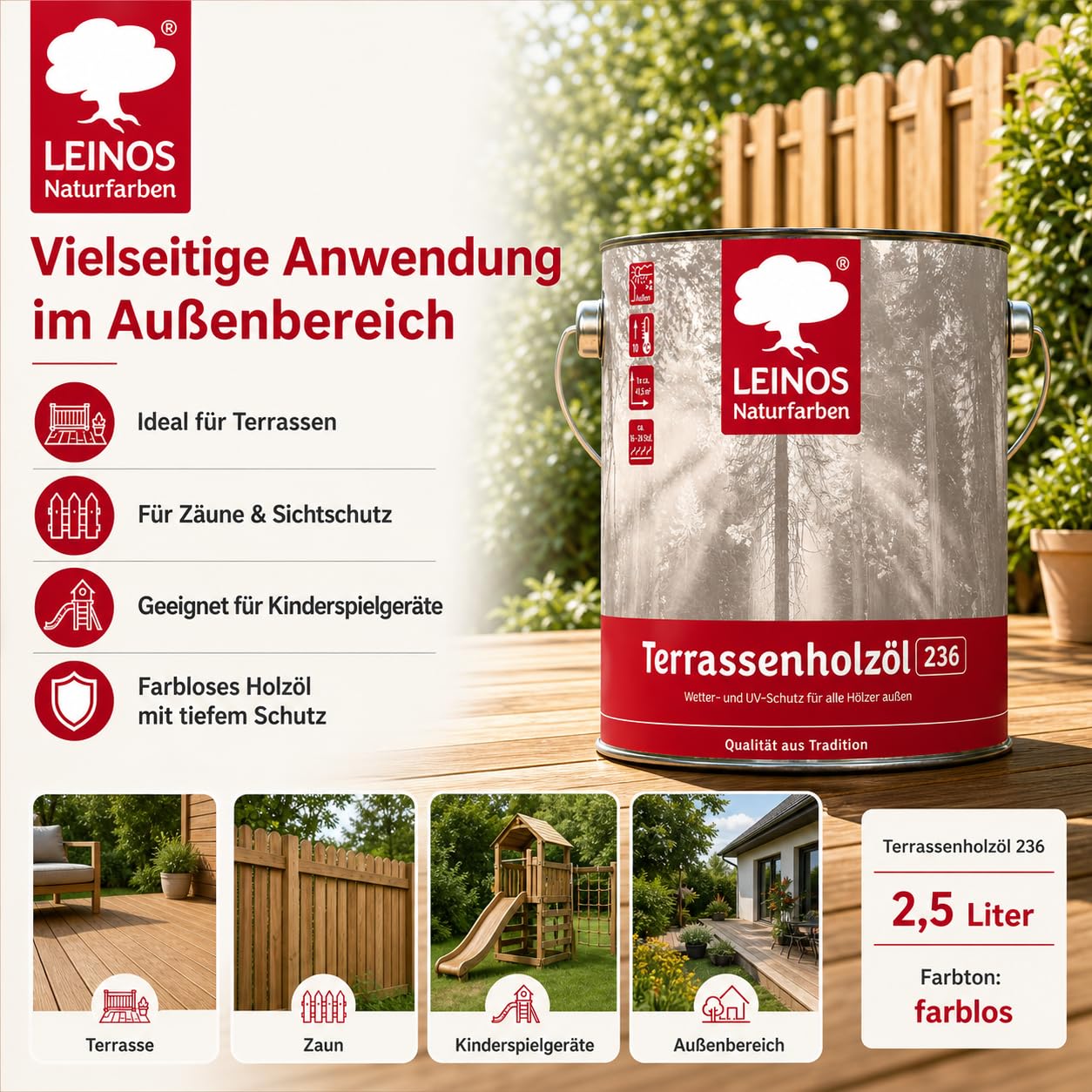 LEINOS Terrassenholzöl 236 | 2,5 Liter | Hochwertiges Holzöl für außen | Für Terrassen, Zäune, Kinderspielgeräte | Farbton: farblos | Tiefer Holzschutz & leichte Anwendung