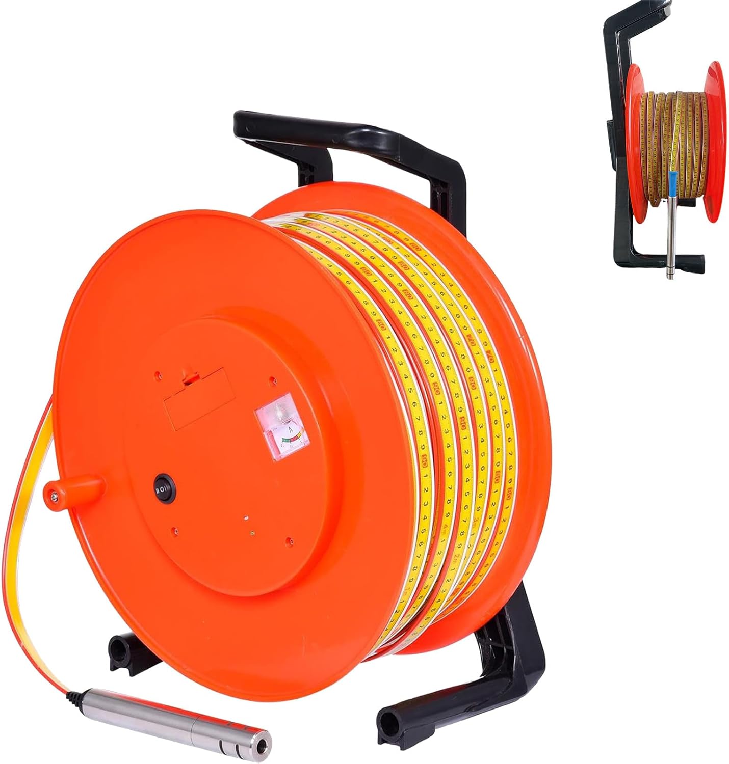 328 Ft (100 m) Groundwater Level Meter with Stainless Steel Probe and Steel Tape, Electronic Water Level Measuring Instrument with Buzzer, Indicator Light and Voltmeter 150M