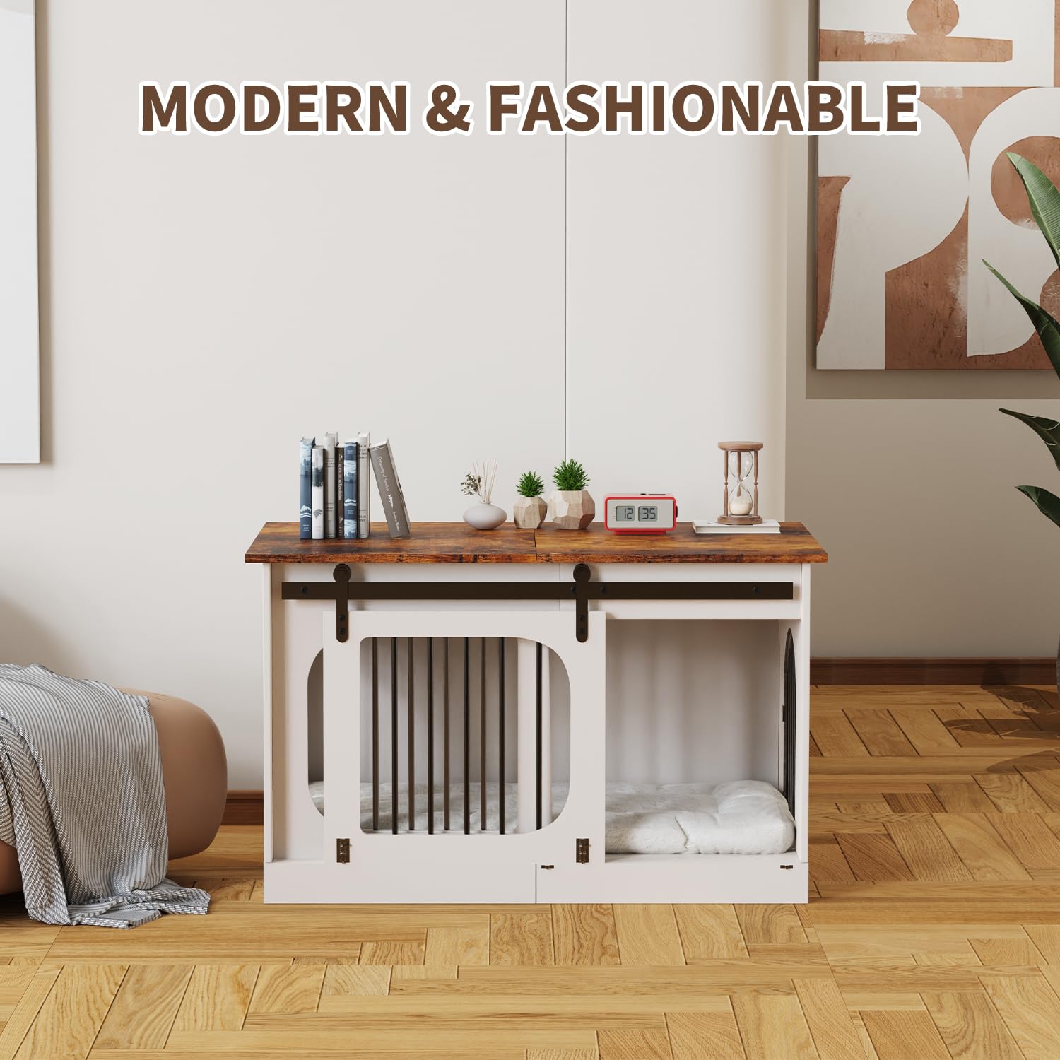 Jaula para Perros Mueble 100 cm, XL Caja para Perros para el Hogar con 3 Puertas Corredizas & Colchón para Perros, 100x60x69cm, Blanco & Marrón