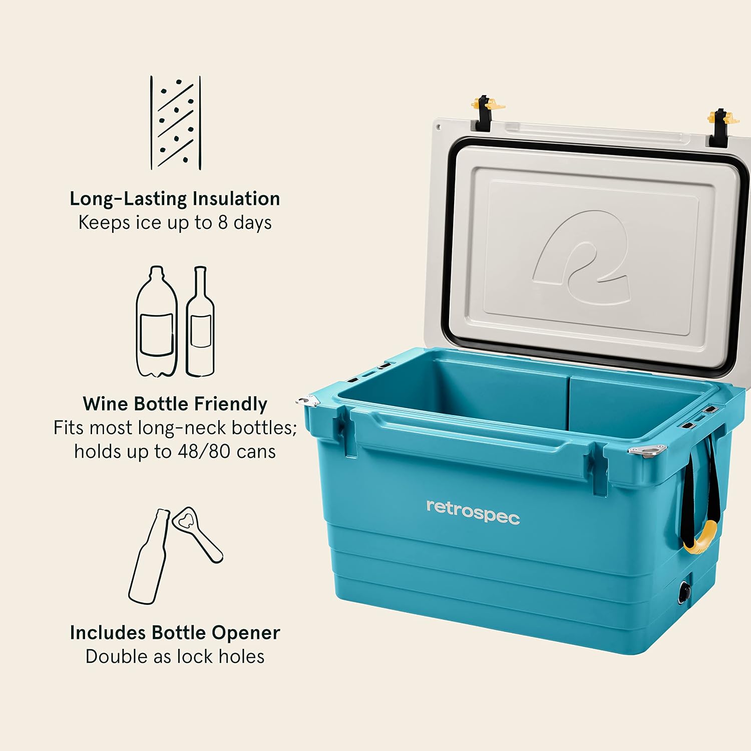 Retrospec Palisade Rotomolded Cooler - Fully Insulated Portable Ice Chest with Built in Bottle Opener, Tie-Down Slots & Dry Goods Basket - Large Beach, Camping & Travel Coolers