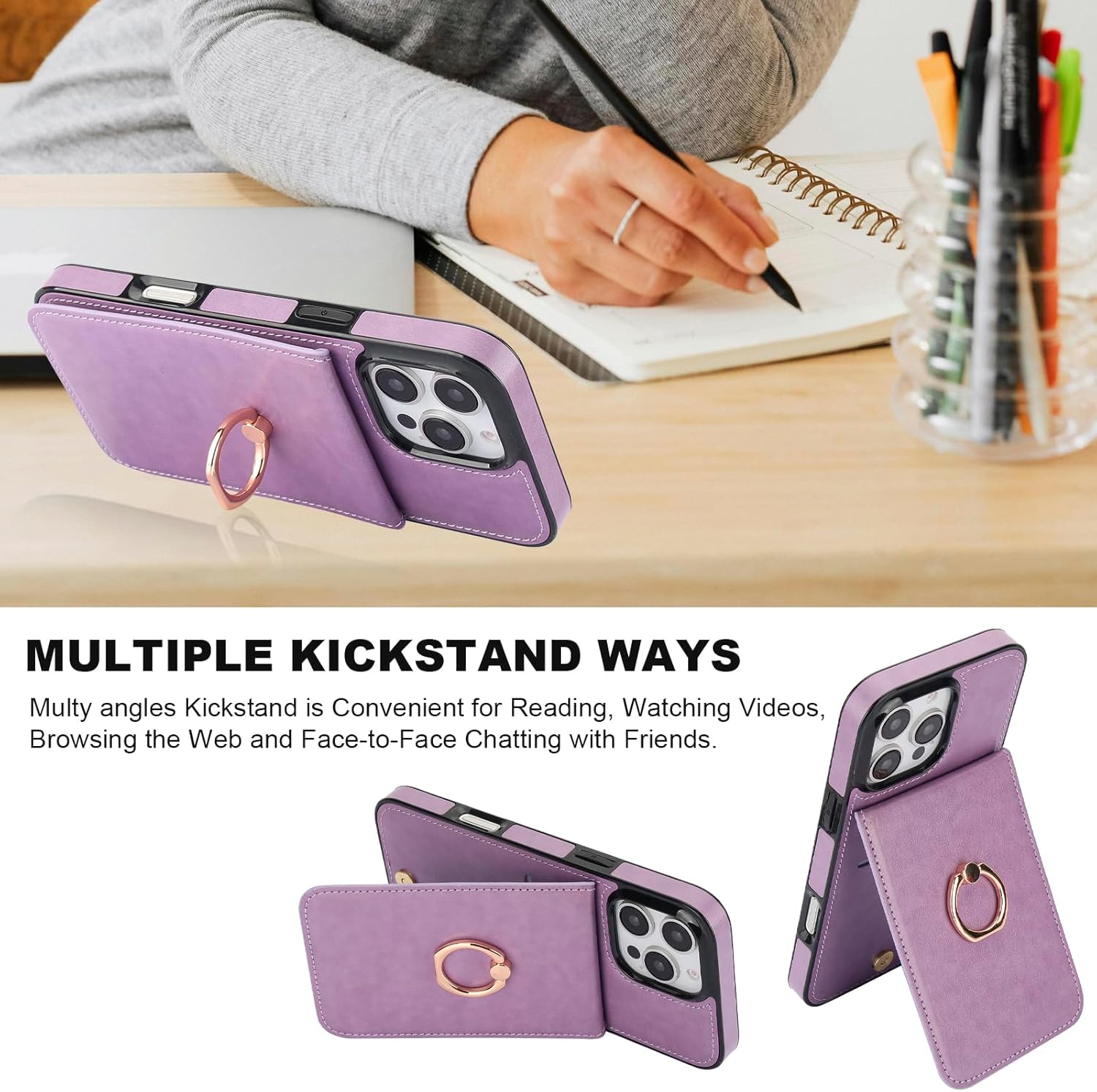 KIHUWEY for iPhone 16 Pro Max Case Wallet with Credit Card Holder, 360° Rotation Ring PU Leather Magnetic Clasp Kickstand Heavy Duty Protective Cover for Women and Men 6.9 Inch (Purple) - Image 6