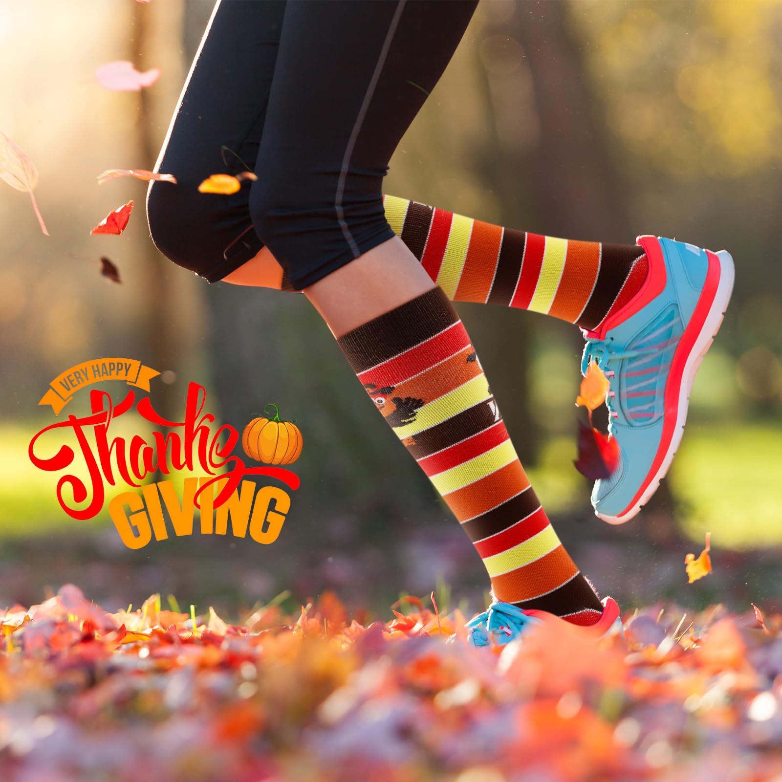 Xtinmee 12 pares de calcetines para correr de Acción de Gracias, calcetines de pavo para mujer, calcetines altos hasta la rodilla con rayas, calcetines de pavo para correr para mujeres y hombres,