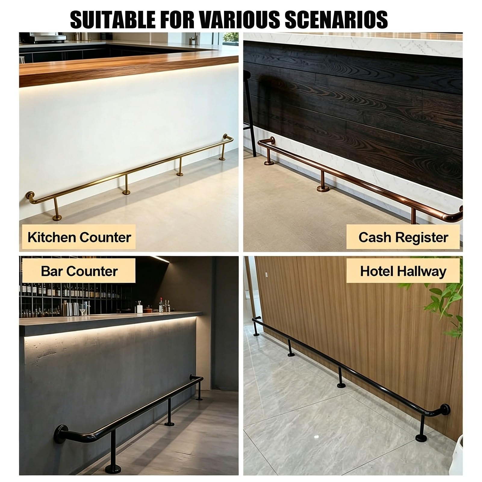 inless Zestaw balustrad stalowych, 5ft / 152 cm, czarna szyna nożna z akcesoriami do wewnątrz, na zewnątrz, pub, kuchnia, pojemność 150 kg