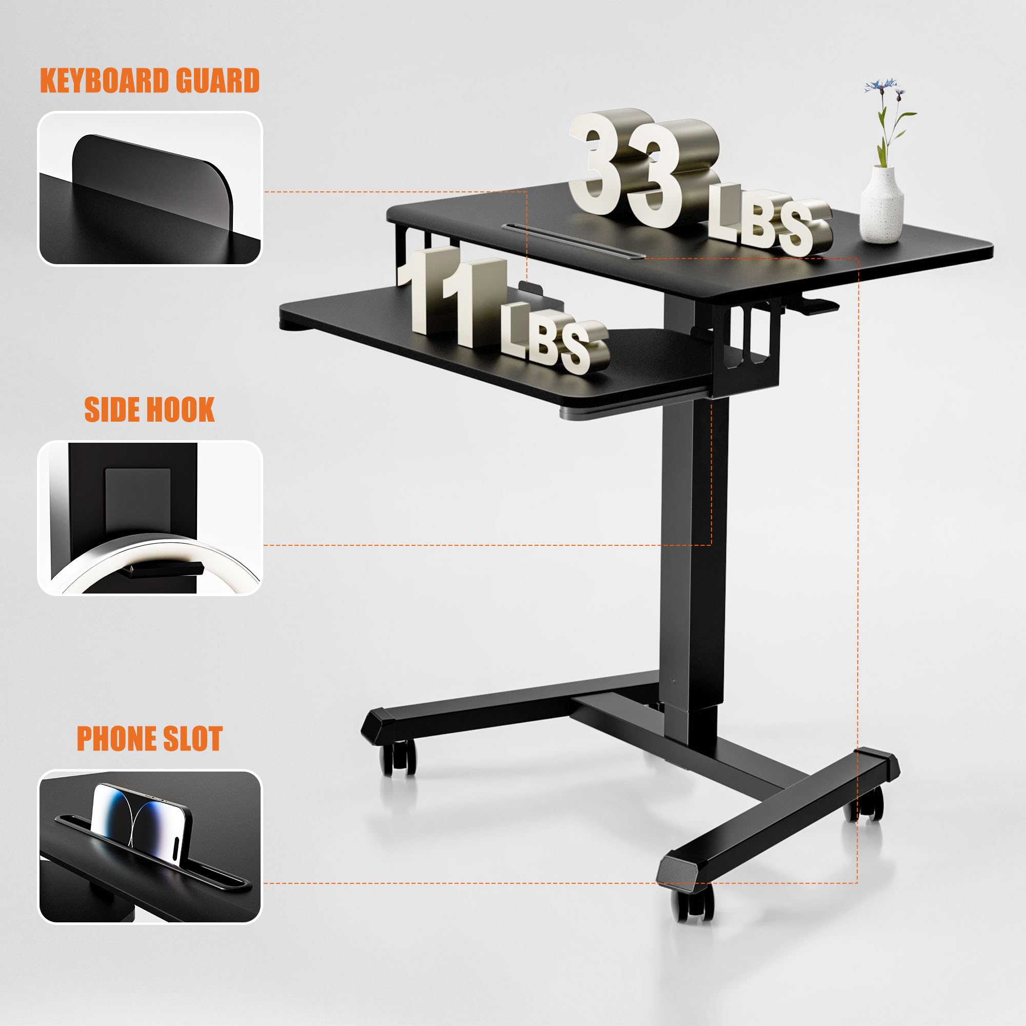 ERGOMAKER Höhenverstellbarer Schreibtisch Stehpult mit Tastaturablage, 65×45cm Mobile Laptoptisch, Überbett-Tisch Schwarz, Stehtisch Schreibtischaufsatz mit Rädern, Computertisch für Schlafzimmer