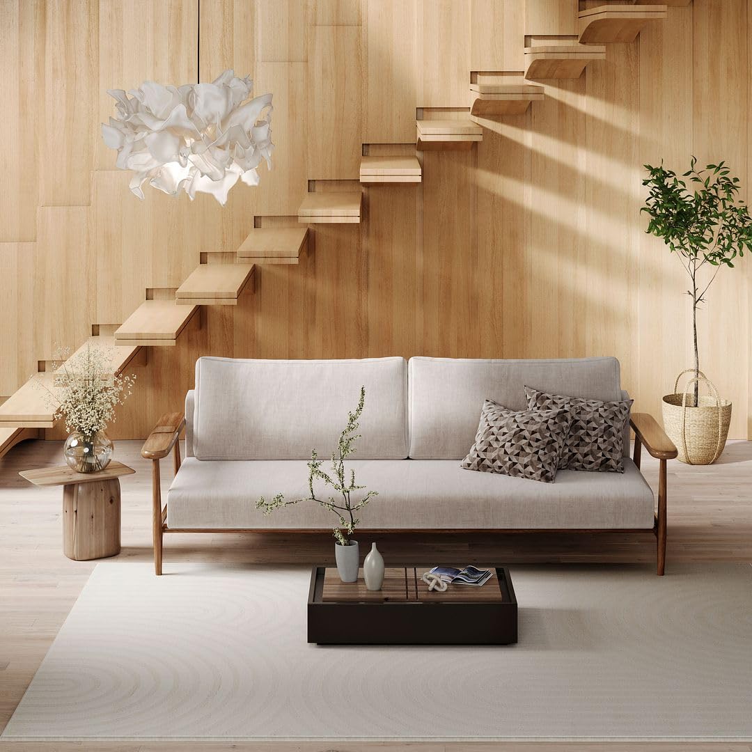 Modern Neutral Scandi Living Room Area Rug Cream Soft Textured Retro Carpet Nordic Beige Easy Clean Bedroom Dining Room Rugs 120cm x 170cm