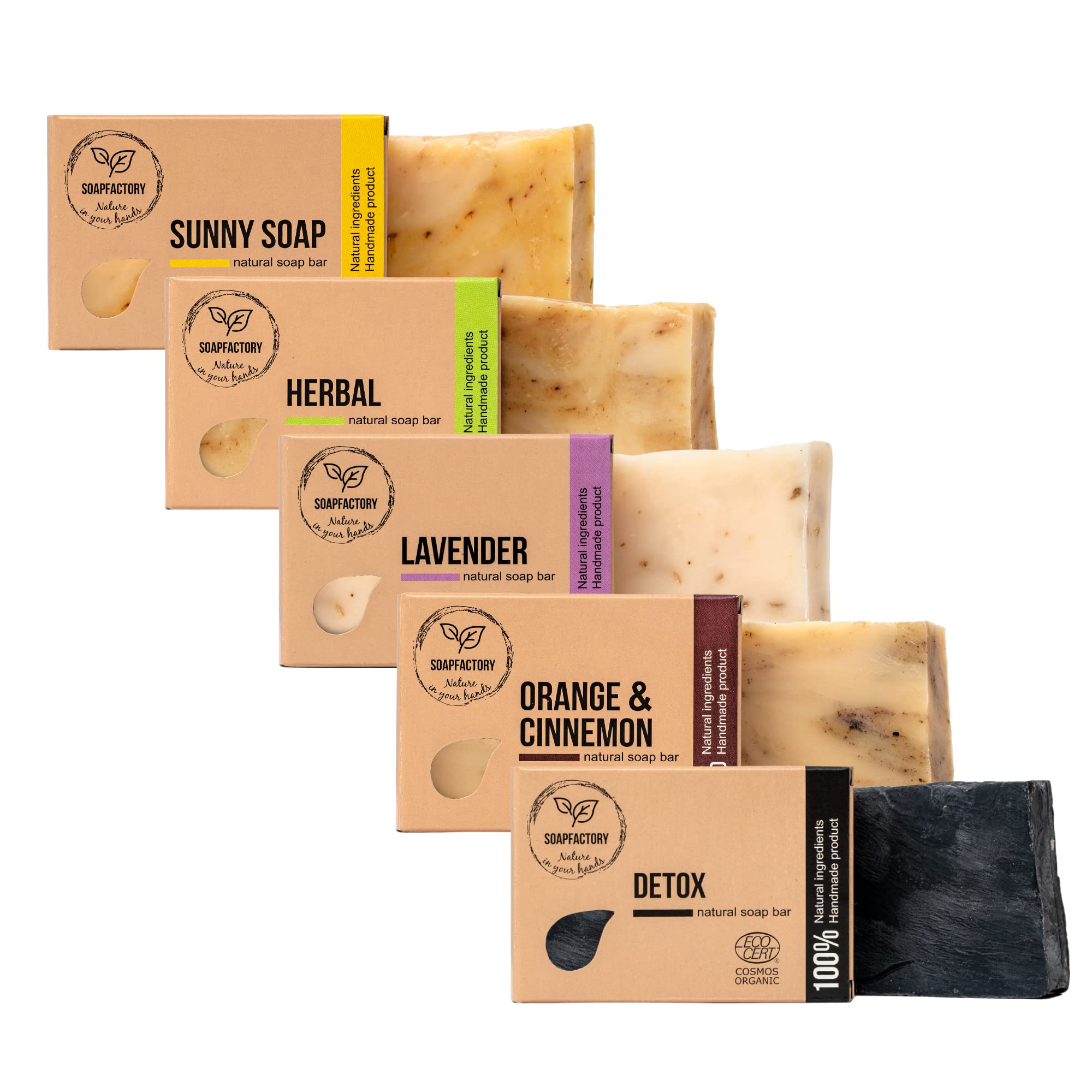 SoapFactory Organic Soap Bar Set, 100% Natural Certified Variety Pack with Activated Charcoal, Tea Tree, Lavender, Orange, Lemongrass, Turmeric, Vegan, Handmade (5 Pack)