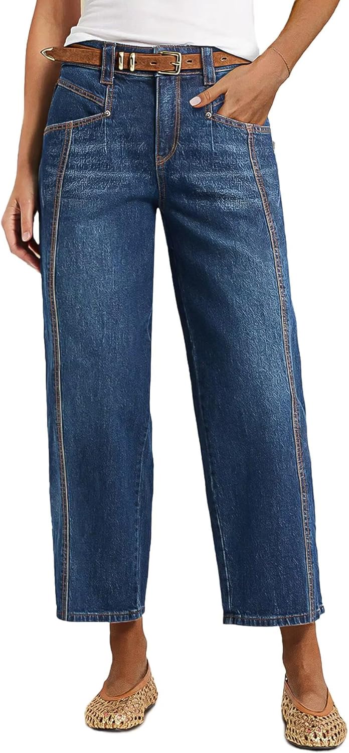 Flamingals Women’s High Rise Wide Leg Crop Jeans Barrel Leg Stretchy Baggy Boyfriend Denim Jeans