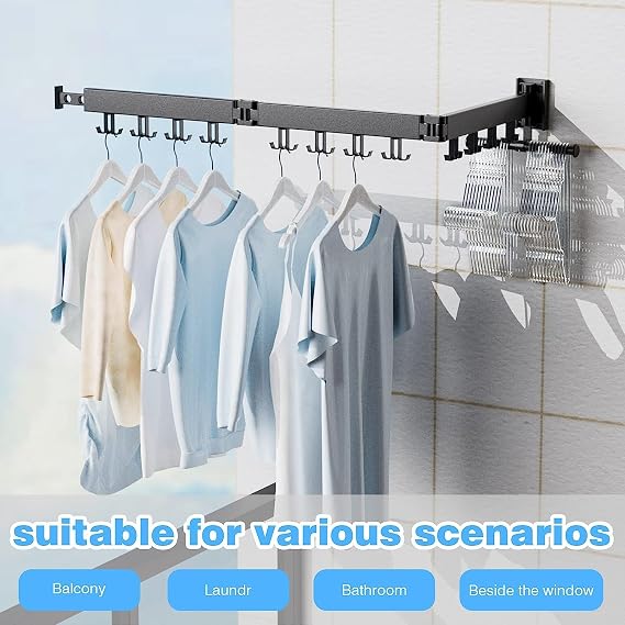Wall Mounted Clothes Drying Rack, Space Saving,Triple Foldable, Retractable Clothes Airer with Extension Pole, Aluminium Clothes Dryer Rack with 24 Hooks, For Balcony, Laundry(Black-Double Hook )