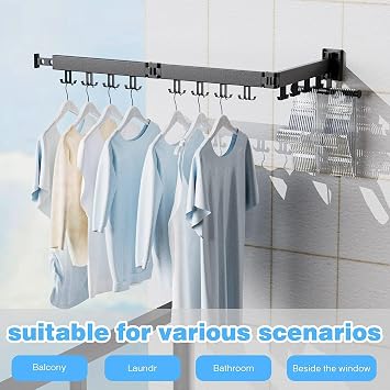 Wall Mounted Clothes Drying Rack, Space Saving,Triple Foldable, Retractable Clothes Airer with Extension Pole, Aluminium Clothes Dryer Rack with 24 Hooks, For Balcony, Laundry(Black-Double Hook )