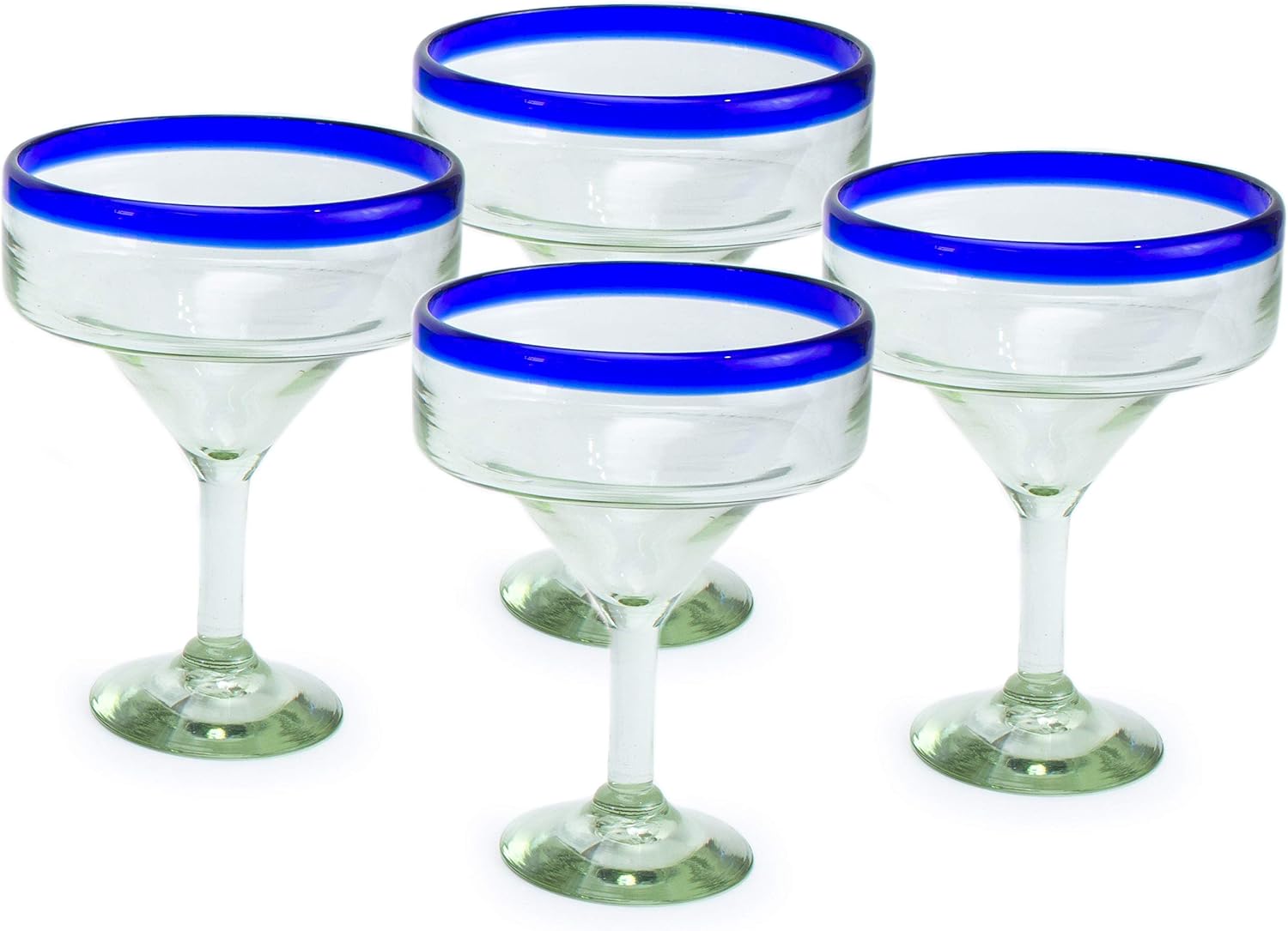 MexART Artisan Crafted Hand Blown Blue Rim Margarita Glass Recycled Glass, 16 oz. 'Classic' (Set of 4)