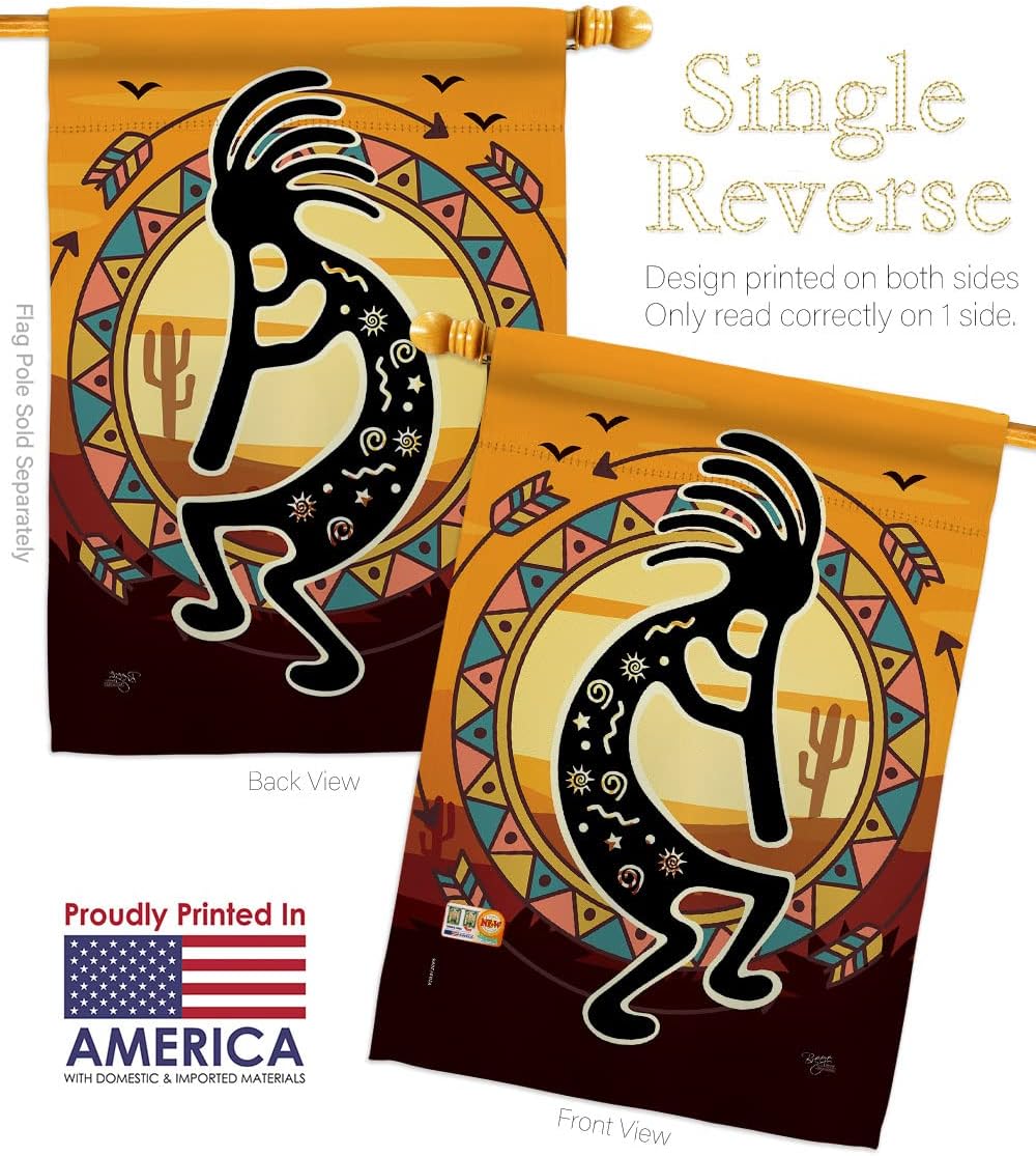 Kokopelli Playing Flute House Flag Dowel Set Country Living Southwest Desert Cactus Succulent Particular Area Small Decorative Gift Yard Banner Made In USA 28 X 40