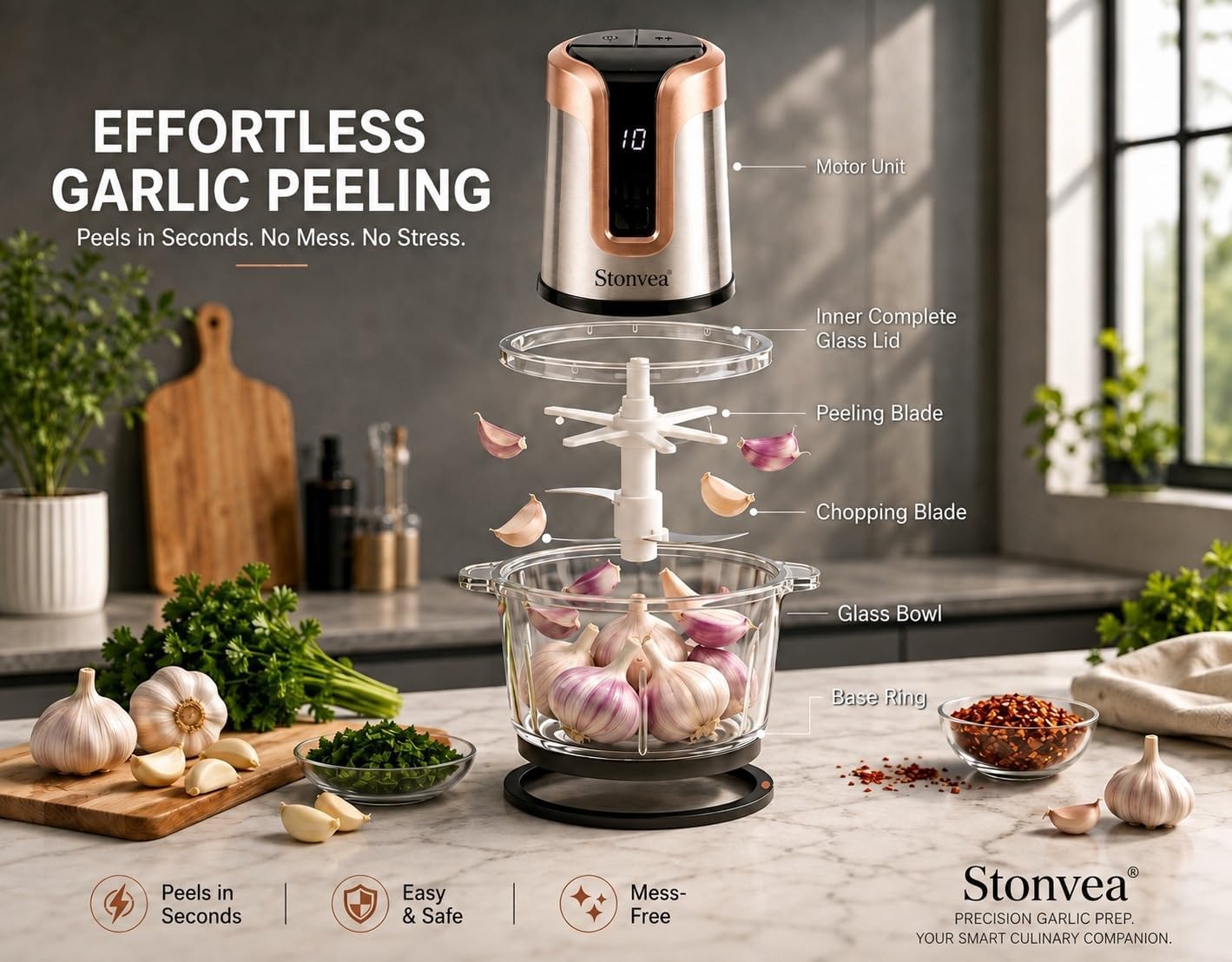 Automatic Garlic Peeler & Chopper 500W – Garlic Peeler Machine with 2L Jar & 4 Blades, Electric Garlic Crusher, Food Chopper, Meat grinder & Silicone Garlic Skin Remover Tool