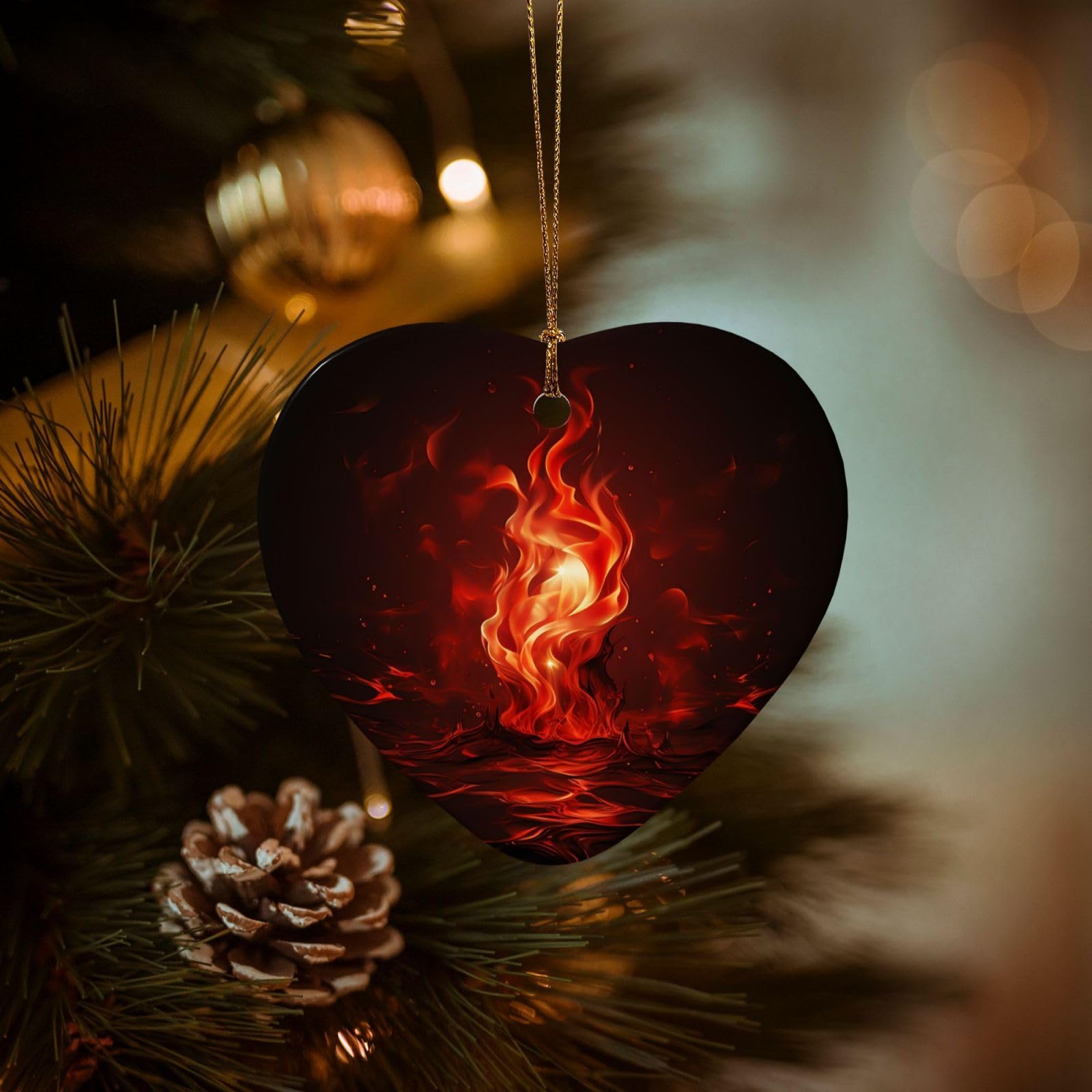 Christmas Ornaments for Christmas Tree Decoration Hanging Red Flame Ornament with Gold Ribbon Crafts Heart Shape Ceramic Pendant for Keepsake Gifts Xmas Decor Party Supplies