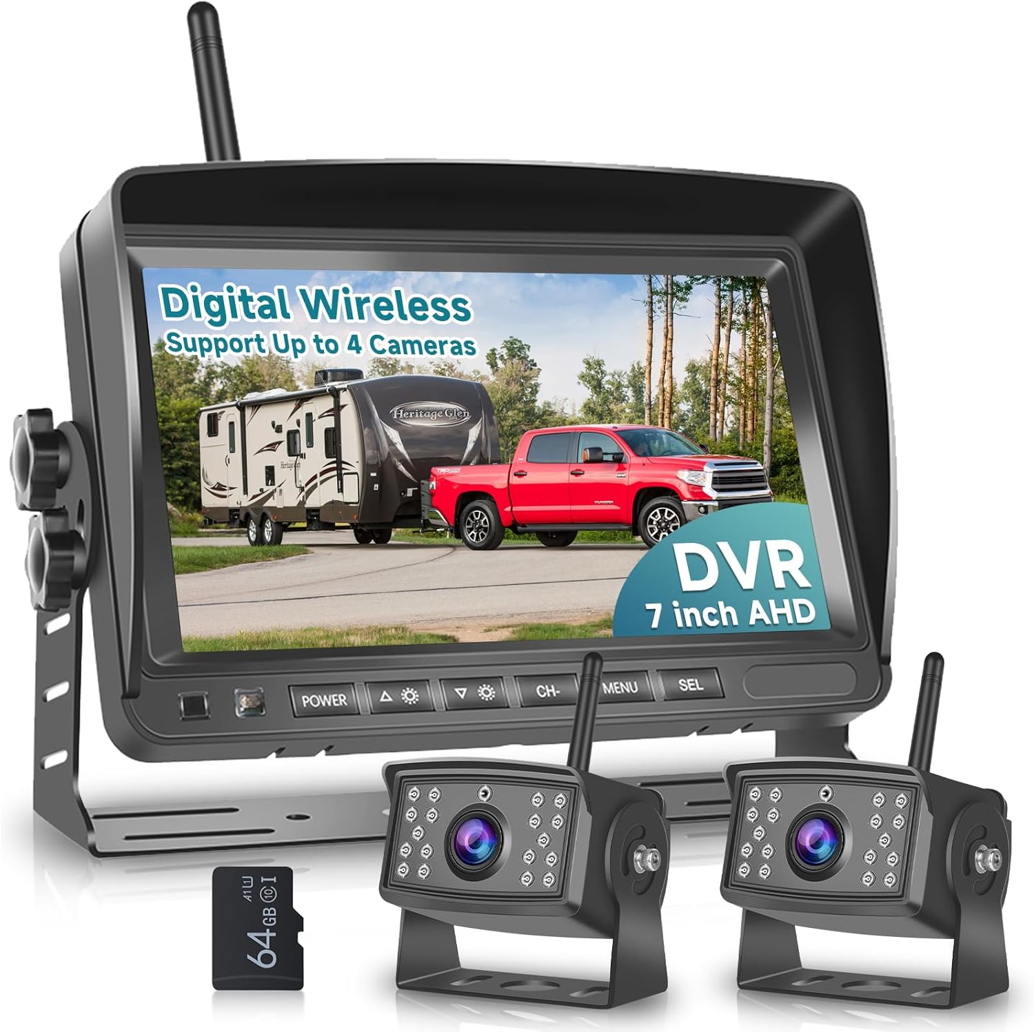 Wireless Backup Camera for RV, 7" IPS Monitor Kit+ 2 AHD Rear View Camera Waterproof Night Vision DVR Recording, Wireless Reverse Camera 12V-36V for Truck/Trailer/RV/Camper/Excavator/Caravan