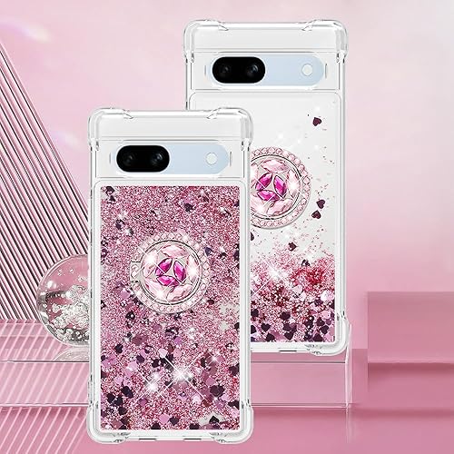 Miniatura 8 de Asuwish Funda de teléfono para Google Pixel 7A 5G 2023 con protector de pantalla y soporte para anillo, purpurina líquida brillante, transparente,