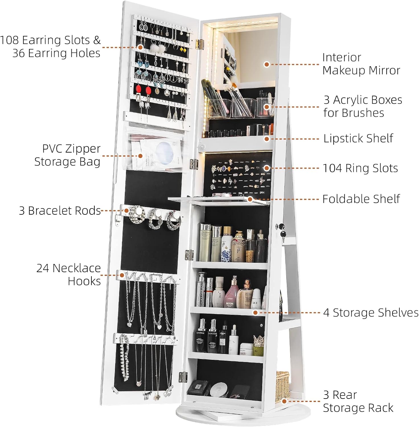 Detailed view of the internal organization of the jewelry cabinet, labeling various storage compartments like earring slots, ring slots, necklace hooks, and shelves.