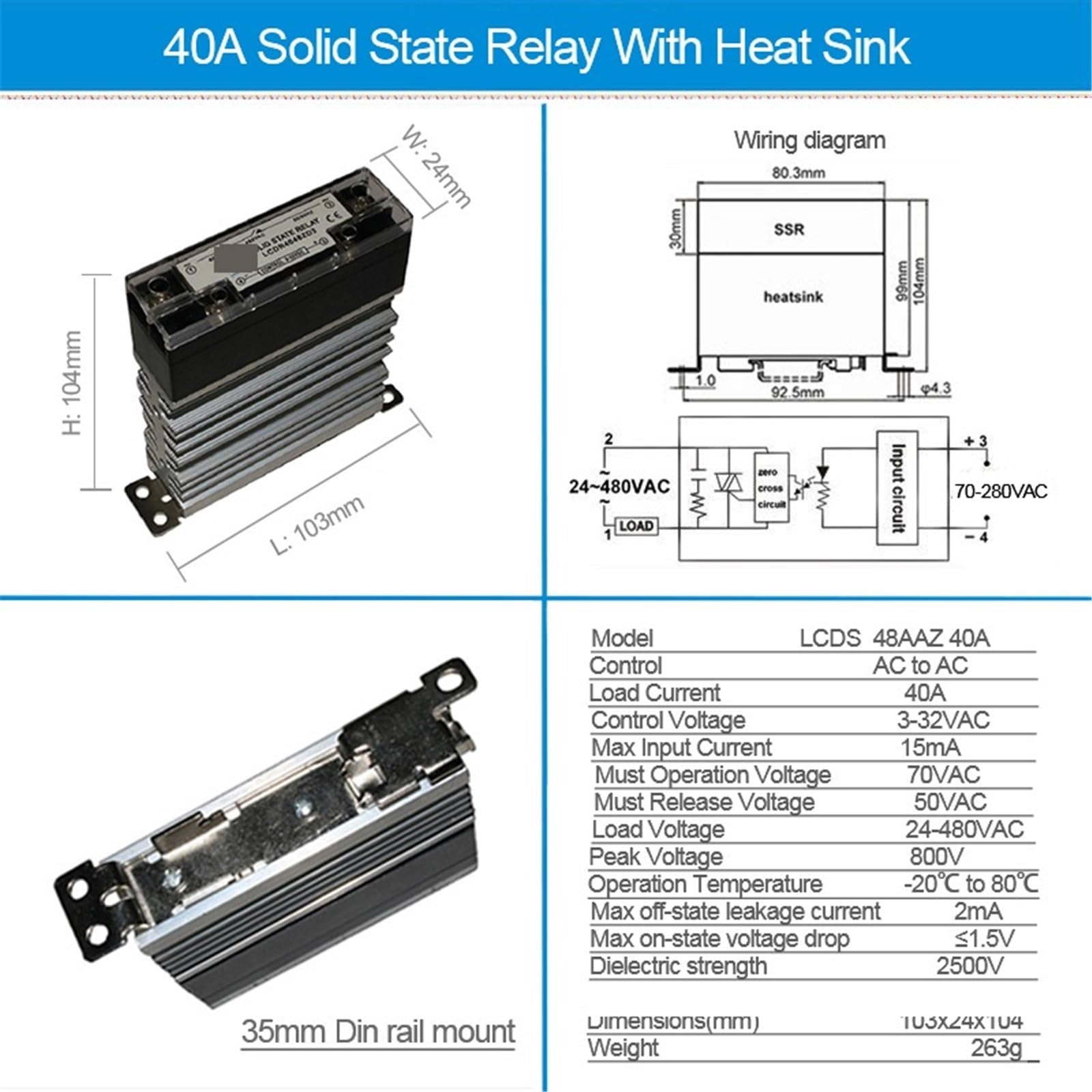 1 Uds AC a AC 10A 25A 40A 60A 80A 100A 120A SSR con disipador de calor relé de estado sólido relé Industrial montado en Riel DIN(AC-AC 60A)