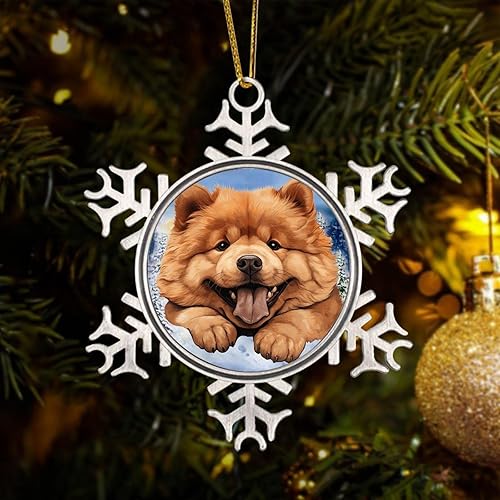 CowkissSign Adorno de copo de nieve de metal  Chow lindo y divertido perro que mira a cachorro, copo de nieve de Navidad, árbol de Navidad de metal,
