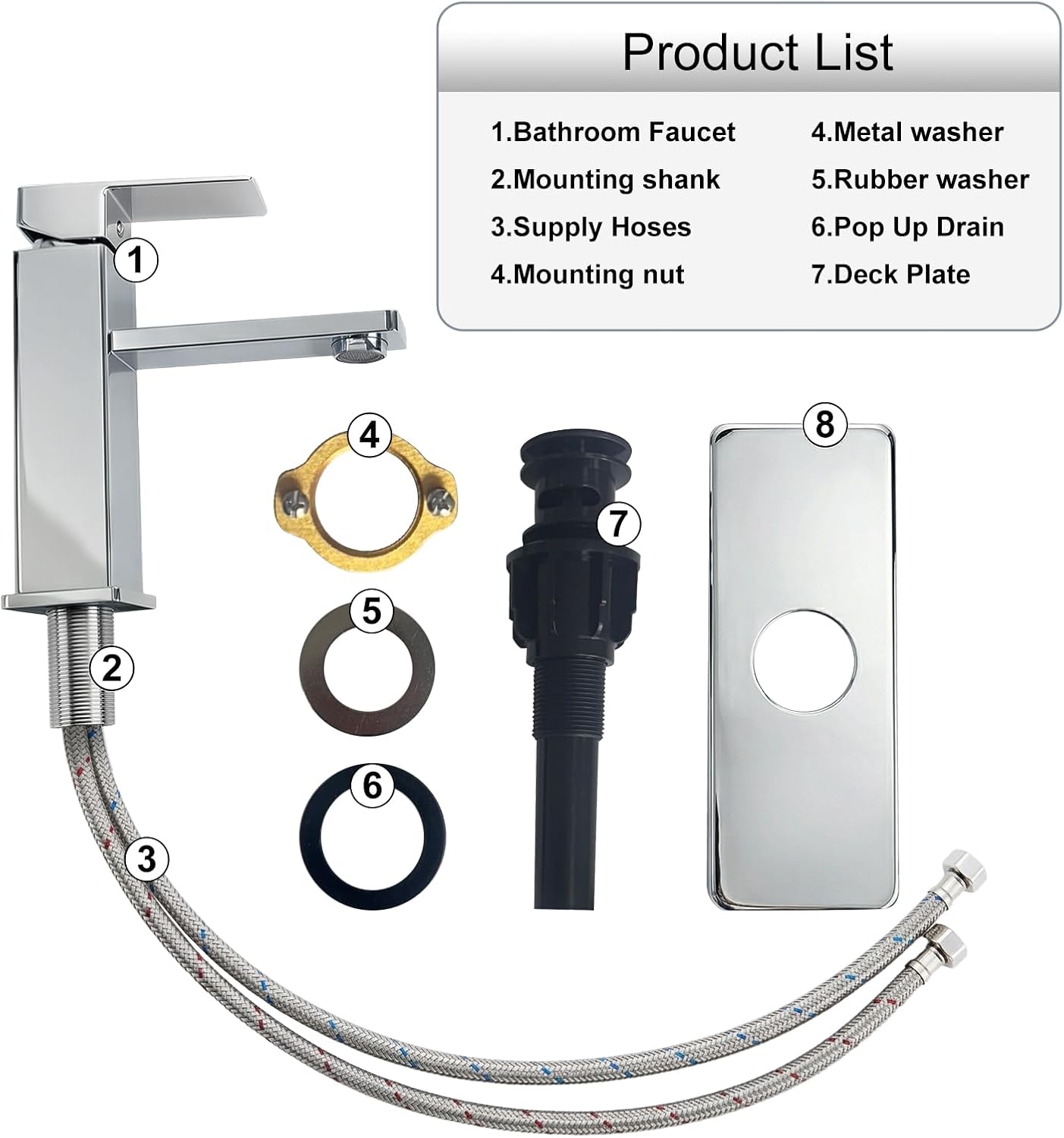 Chrome Bathroom Faucet Single Hole with Pop-Up Drain, Single Handle Bathroom Sink Faucet with Deck Plate, Suitable for RV, Farmhouse, Vanity Sinks, 1 or 3 Hole Installation