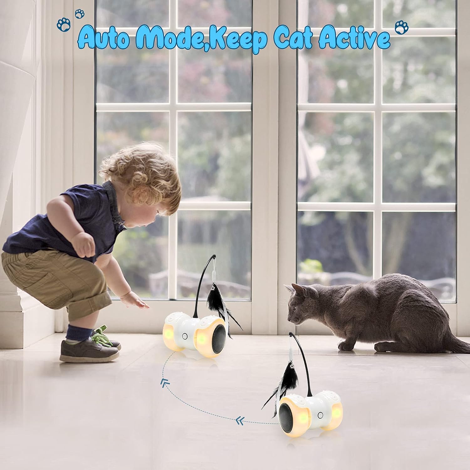 Interactive Cat Toys for Indoor Cats, Magkay USB Charging Auto/ Remote Mode Timed with Colorful Led Wheels 6 Feathers Kitty Gadget Electronic Moving Cat Toys (Black)