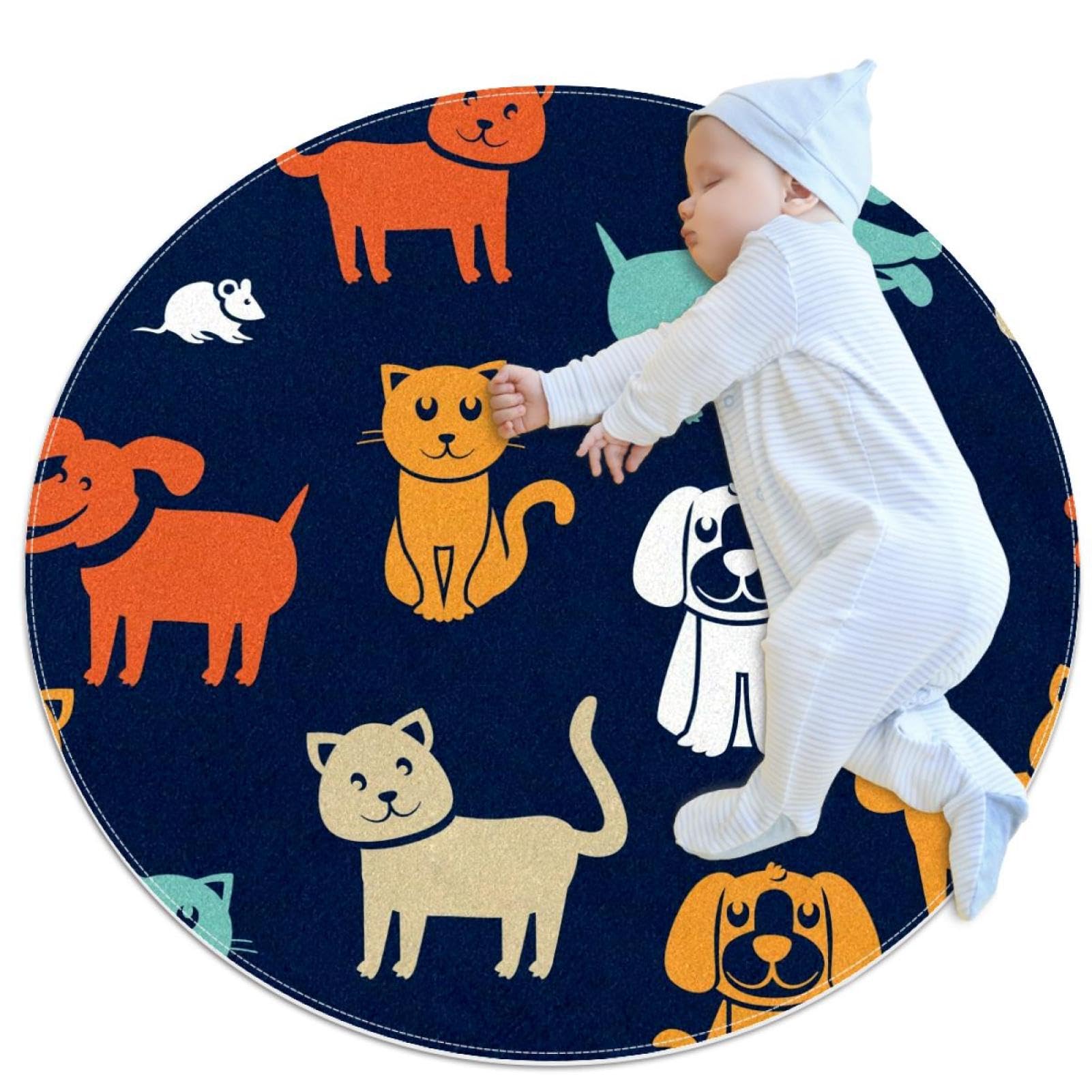 Tapis de salle de bain antidérapant rond motif animaux et camomille 1m