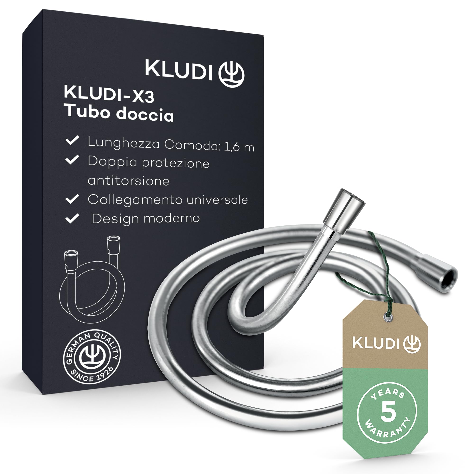 KLUDI-X3 tubo doccia universale 1,60 m, facile da pulire, flessibile doccia con doppia protezione antitorsione, resistente al kink, attacco standard, tubo flessible doccia cromo