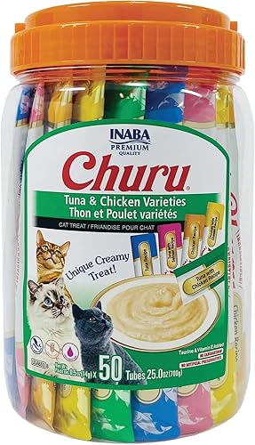 INABA - Golosinas Churu para gatos puré cremoso para gatos sin cereales que se puede lamer y exprimir con taurina y vitamina E 05 onzas en cada tubo