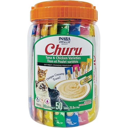 INABA Churu Cat Treats, Grain-Free, Lickable, Squeezable Creamy Purée Cat Treat/Topper with Vitamin E & Taurine, 0.5 Ounces Each Tube, 50 Tubes, Tuna & Chicken Variety
