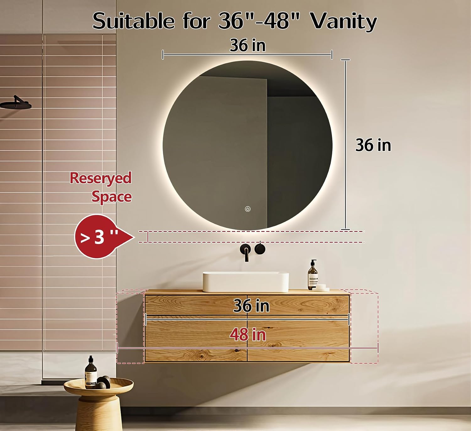 Niccy Round LED Bathroom Mirrors with Lights, Backlit Wall Mirror，36" image 2