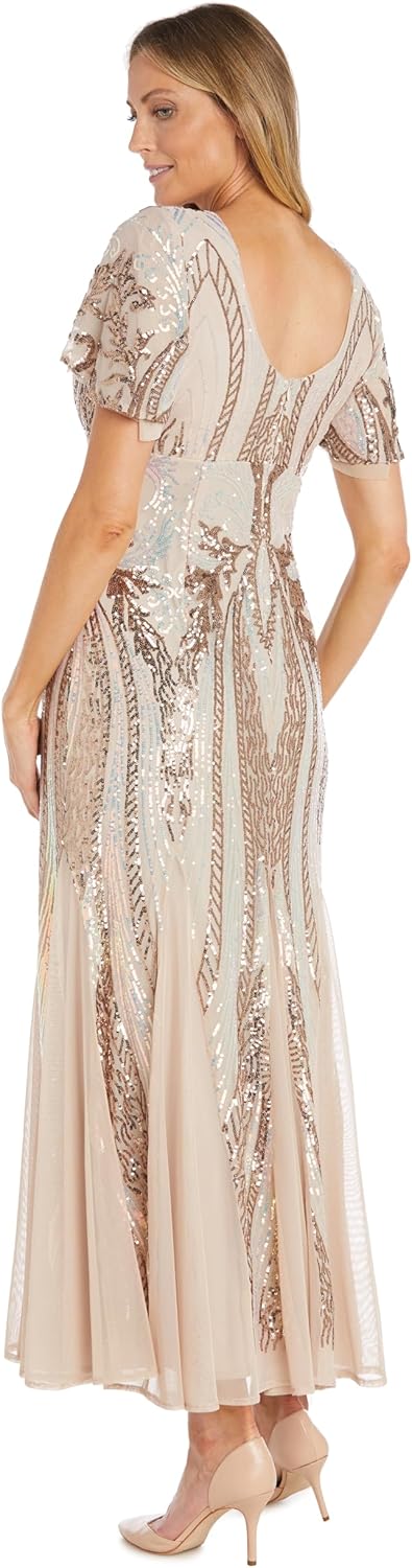 R&M Richards Long Elegant Beaded V-Neck Gown W/Sheer Flutter Sleeves