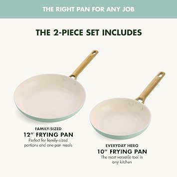 GreenPan Hard Anodized Healthy Ceramic Nonstick 10 and 12 Frying Pan Skillet Set, Gold Handle, PFAS-Free, Dishwasher Safe, Oven Safe, Julep Green