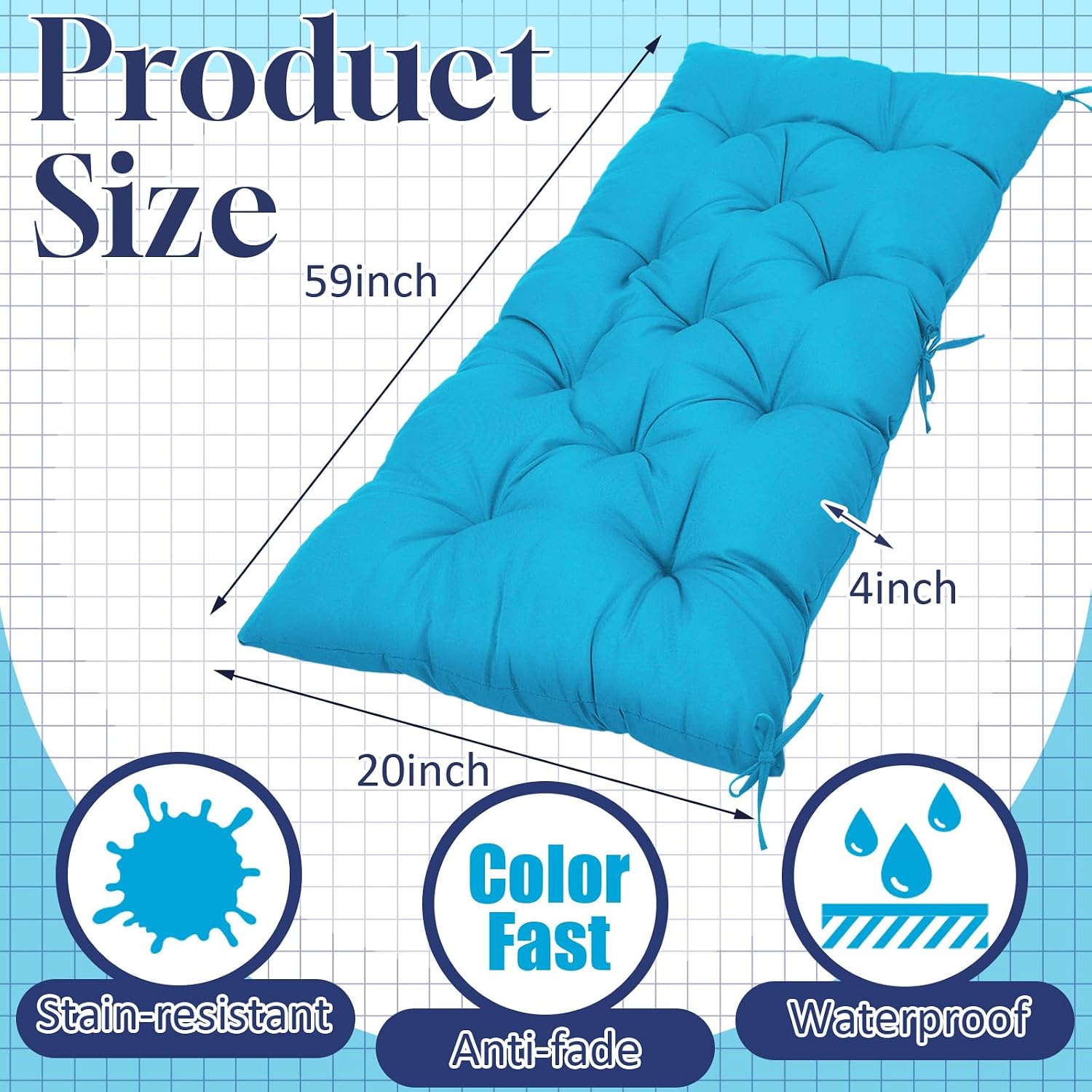 wenqik outdoor bench cushion 59 x 20 x 4 inches waterproof outdoor porch swing cushion soft thicken chaise lounge pad with ties for indoor garden patio seat(lake blue,classic) lake blue 59 x 20 x 4 inches classic