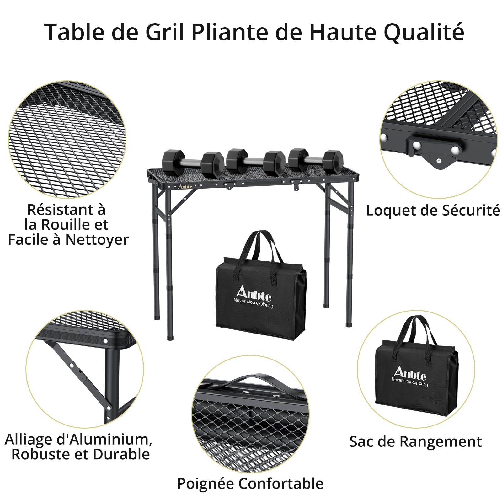 Table De Camping Pliante Anbte 3 Hauteurs Avec Rangement Net - Table Pique-Nique Portable Aluminium + MDF - Noir