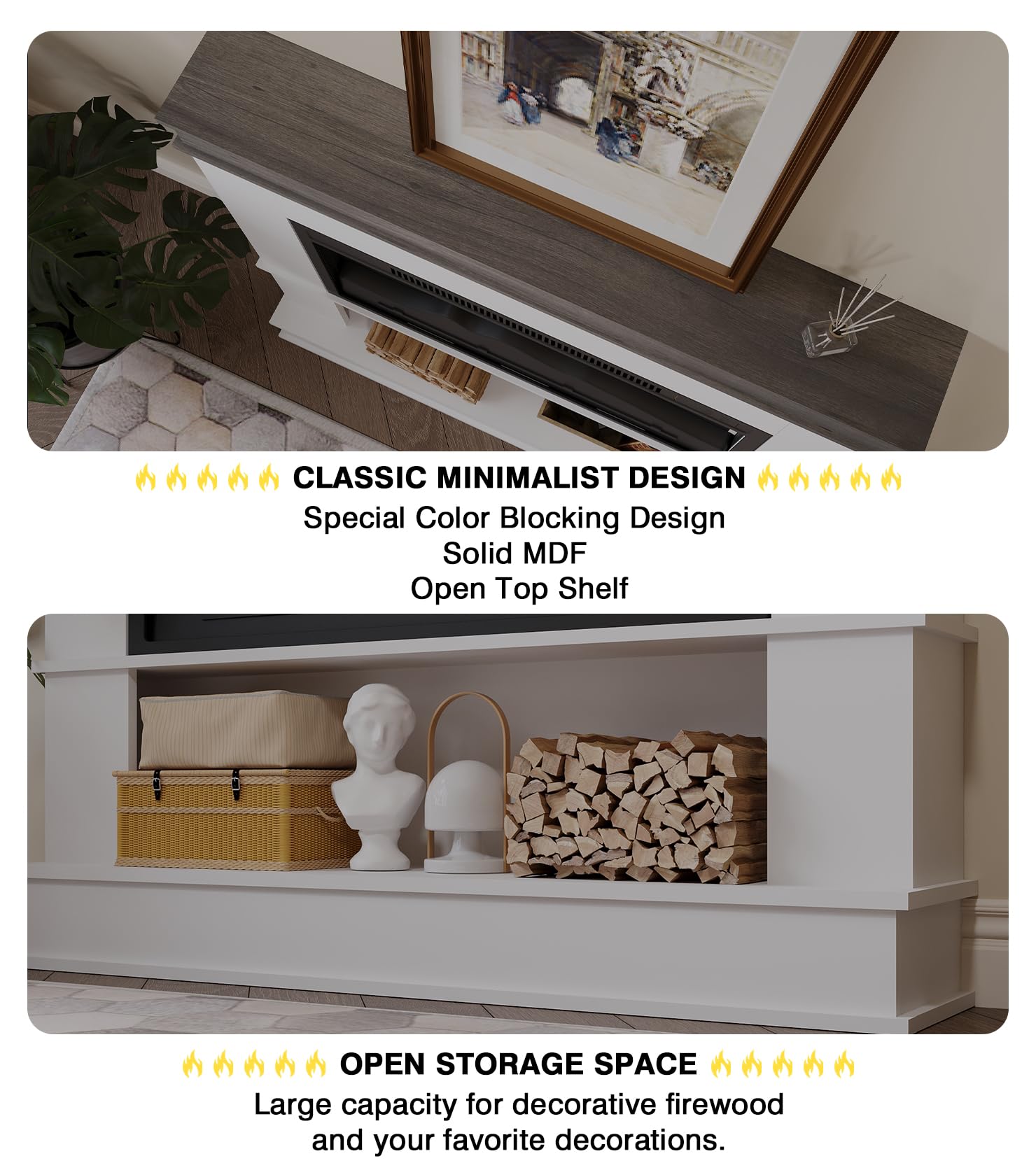 M.C.Haus Camino Elettrico con Ripiano (Rustic Oak & White, 98cm)