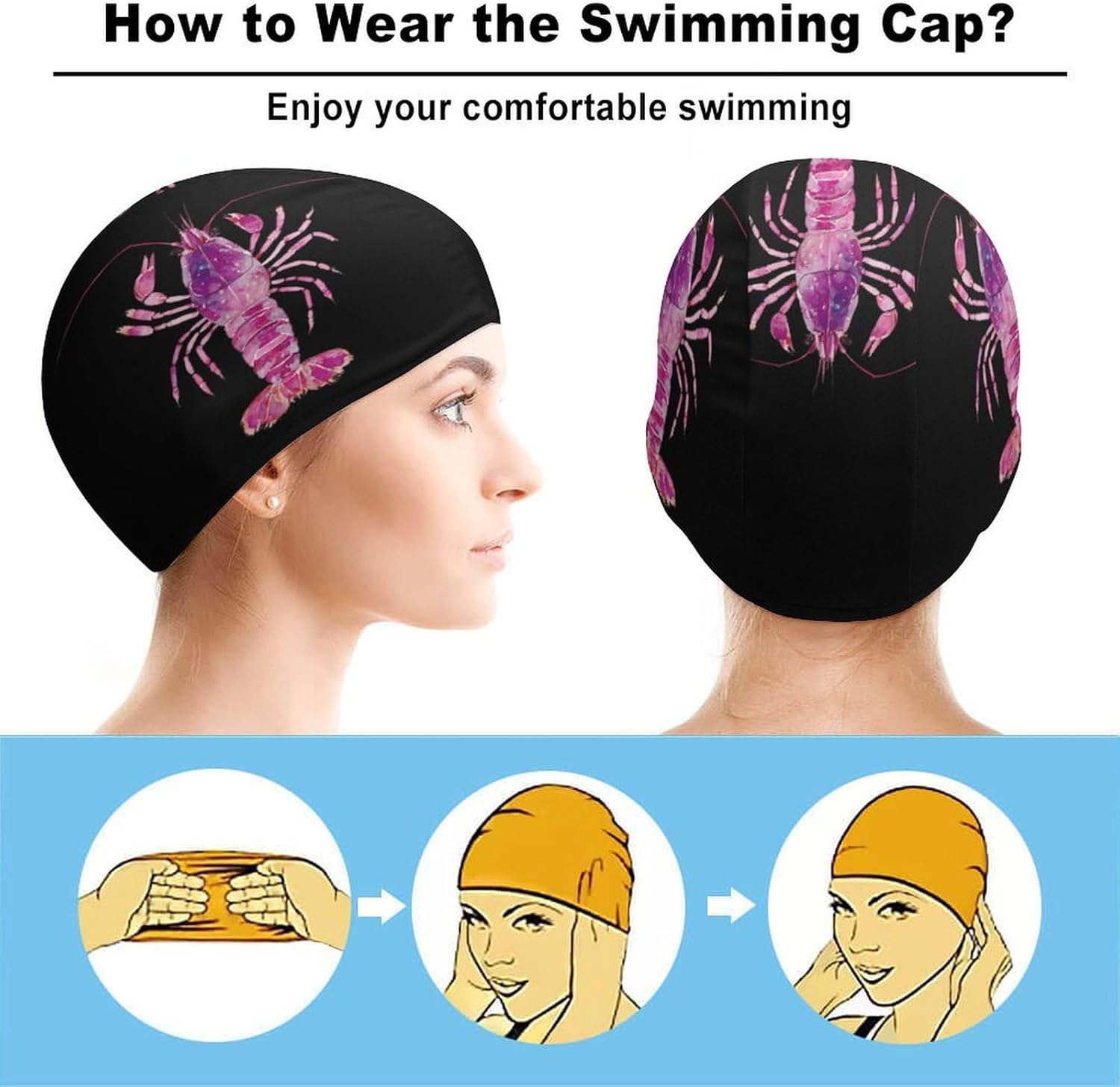 Shrimp Lobster Crayfish Sea Creature Womens Swim Cap for Men Adult Swimming Hat Curly Short Medium Long Hair