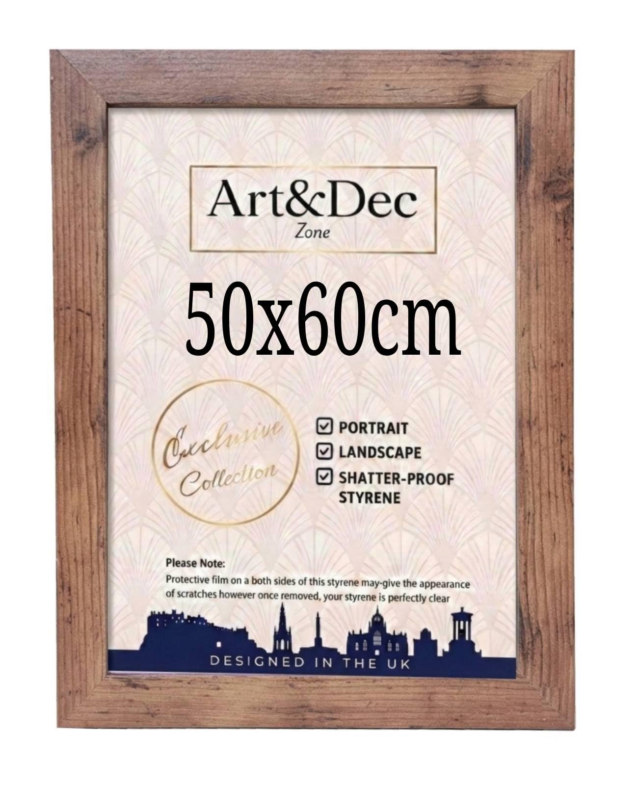 Art & Dec Zone® Vintage-style Rustic MDF Picture Frame 50x60 cm – High-Clarity Shatter-Proof Acrylic Poster Holder for Modern Wall Decor